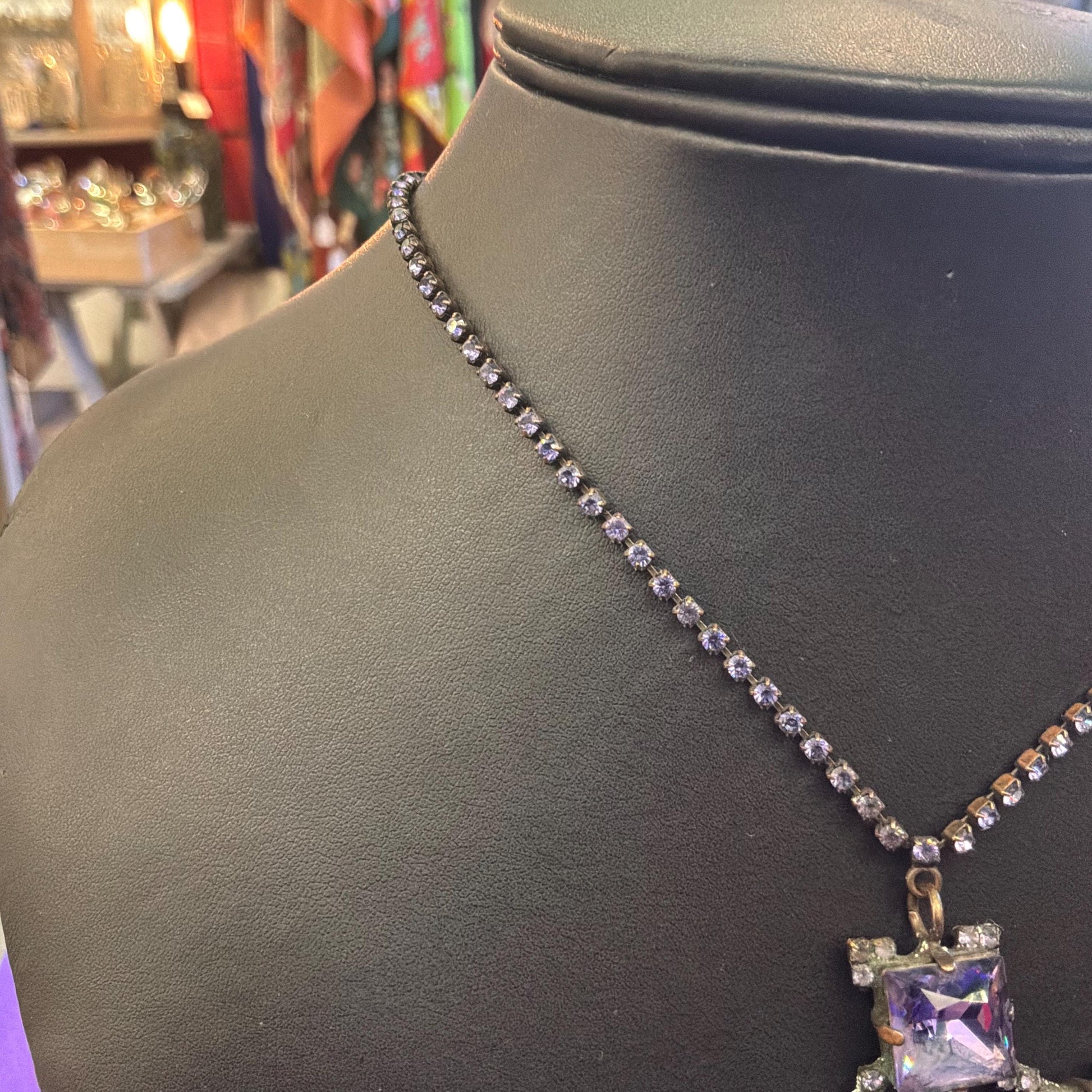 Vintage Butler and Wilson Purple Crystal Cross Pendant Necklace, Old Gold Tone, Signed in Original Box