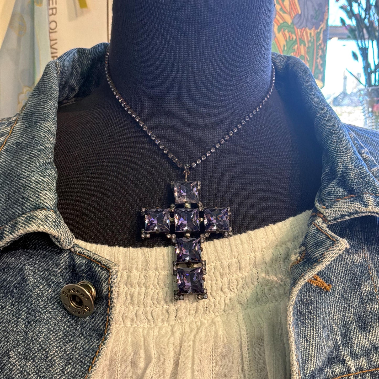 Vintage Butler and Wilson Purple Crystal Cross Pendant Necklace, Old Gold Tone, Signed in Original Box