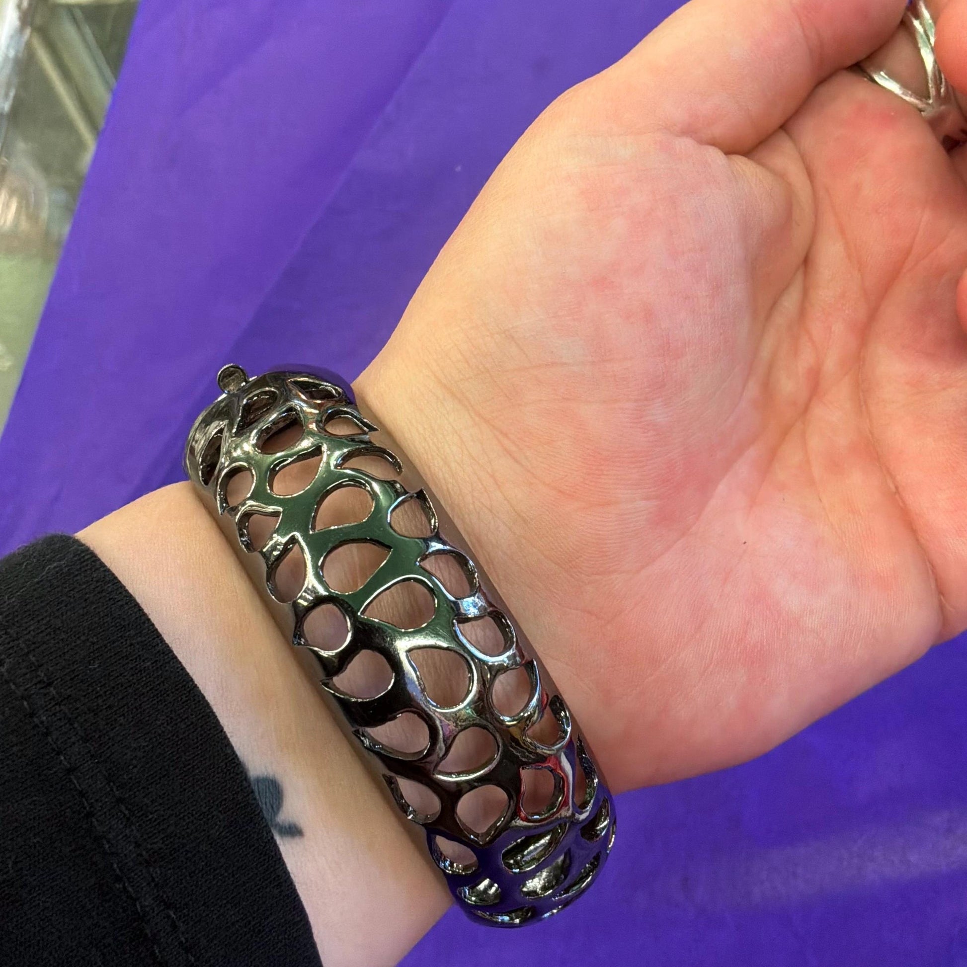 Vintage Butler and Wilson Pink and Pewter Crystal Chunky Bangle, Dark Pewter Tone Metal and Ombré Crystals