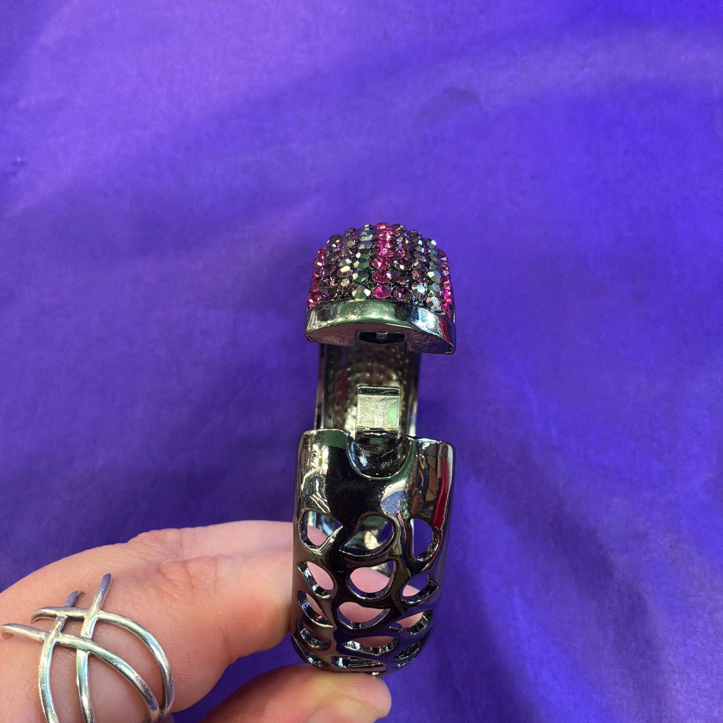 Vintage Butler and Wilson Pink and Pewter Crystal Chunky Bangle, Dark Pewter Tone Metal and Ombré Crystals