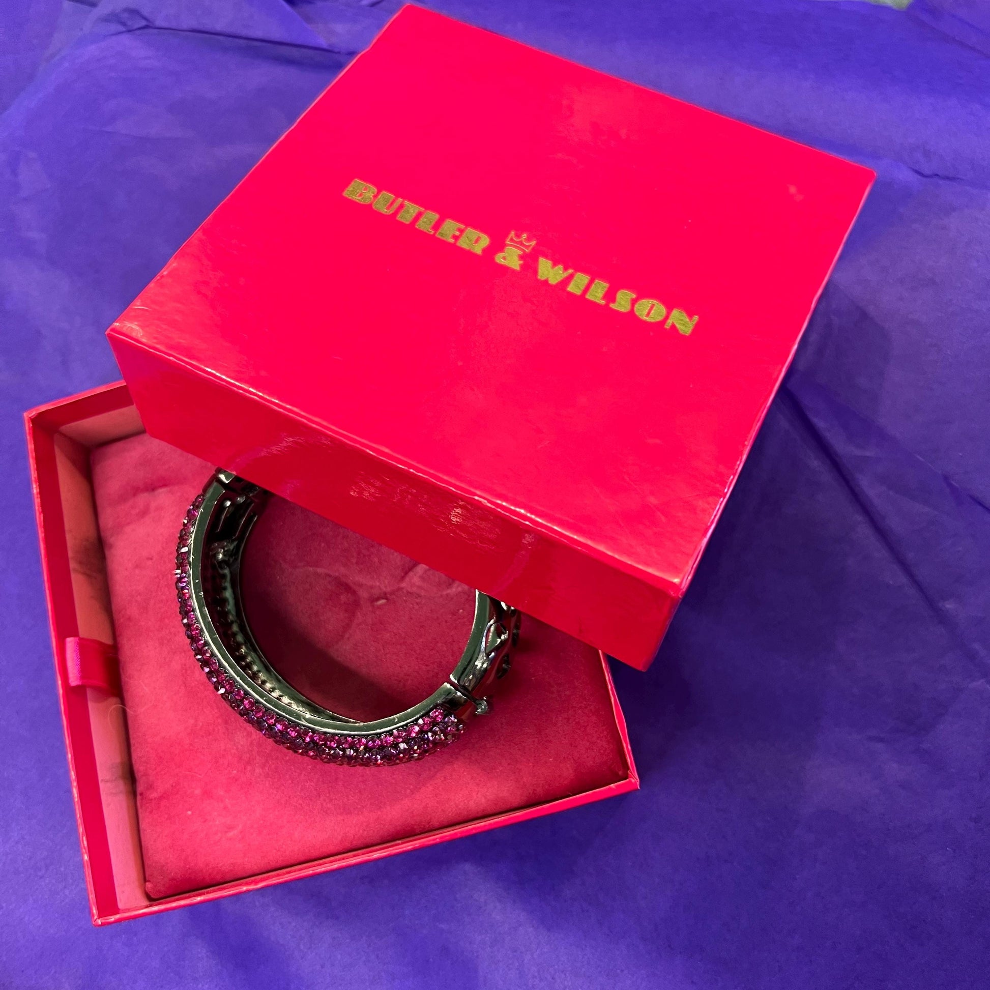 Vintage Butler and Wilson Pink and Pewter Crystal Chunky Bangle, Dark Pewter Tone Metal and Ombré Crystals