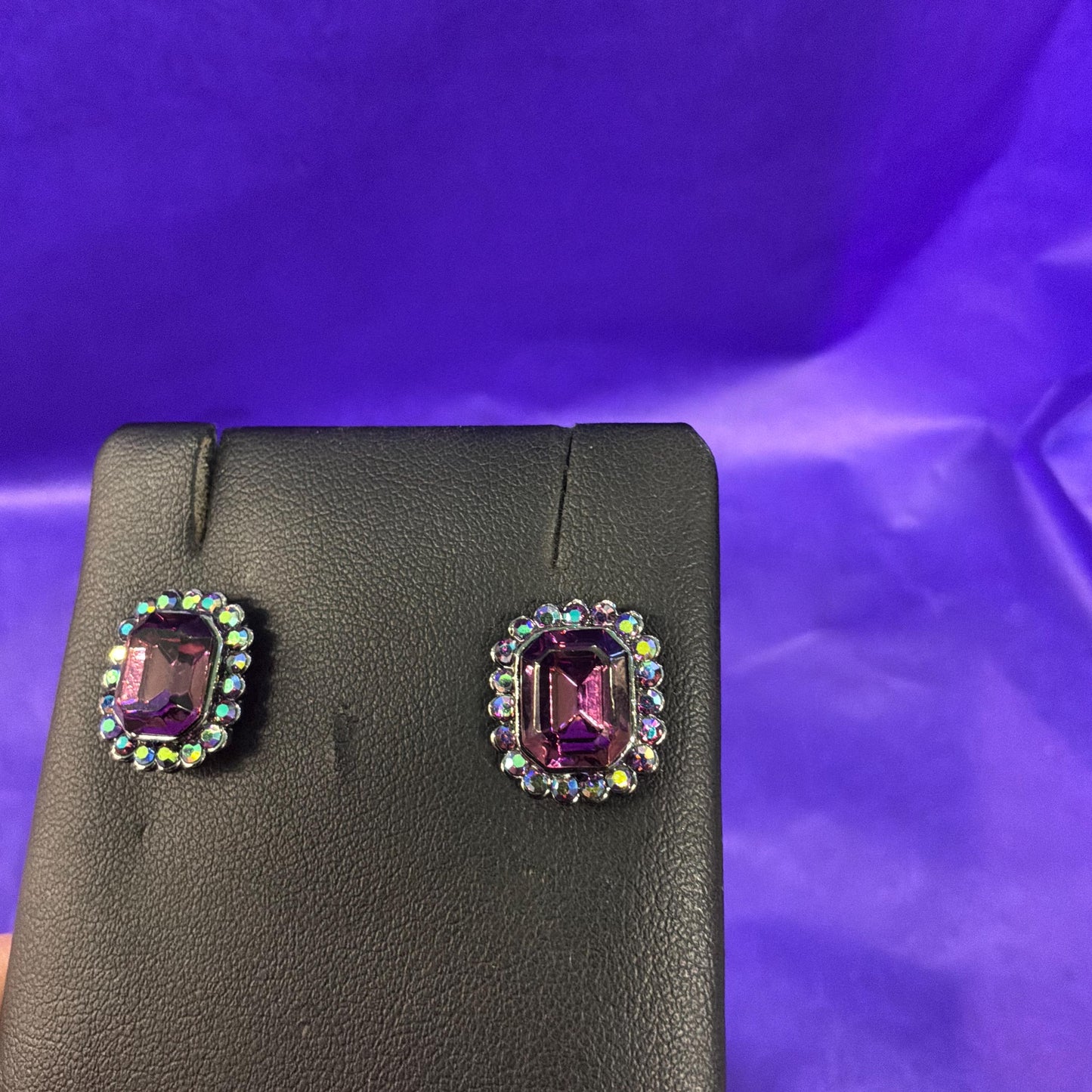 Vintage Butler and Wilson Rectangular Purple and Aurora Borealis Crystal Stud Earrings