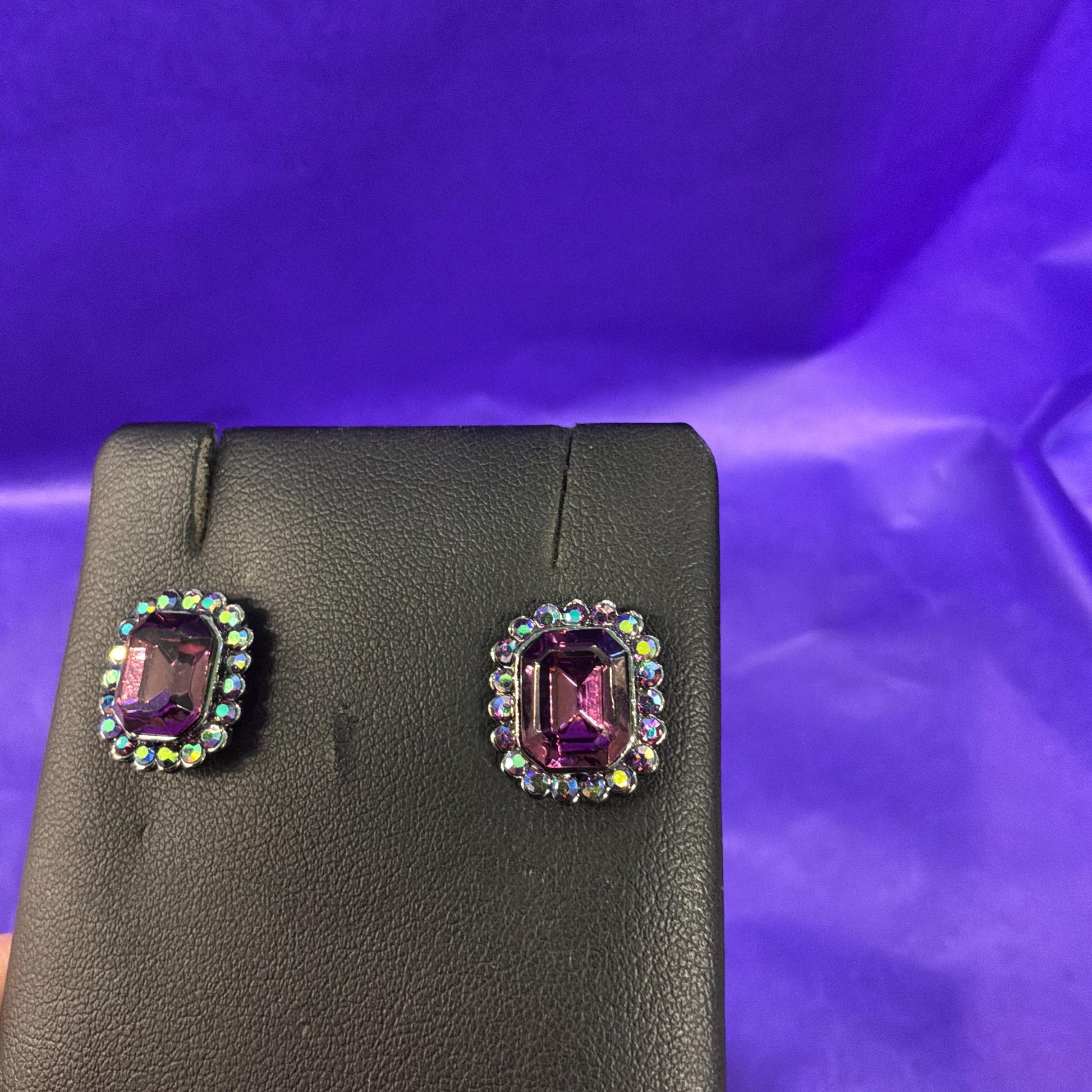 Vintage Butler and Wilson Rectangular Purple and Aurora Borealis Crystal Stud Earrings
