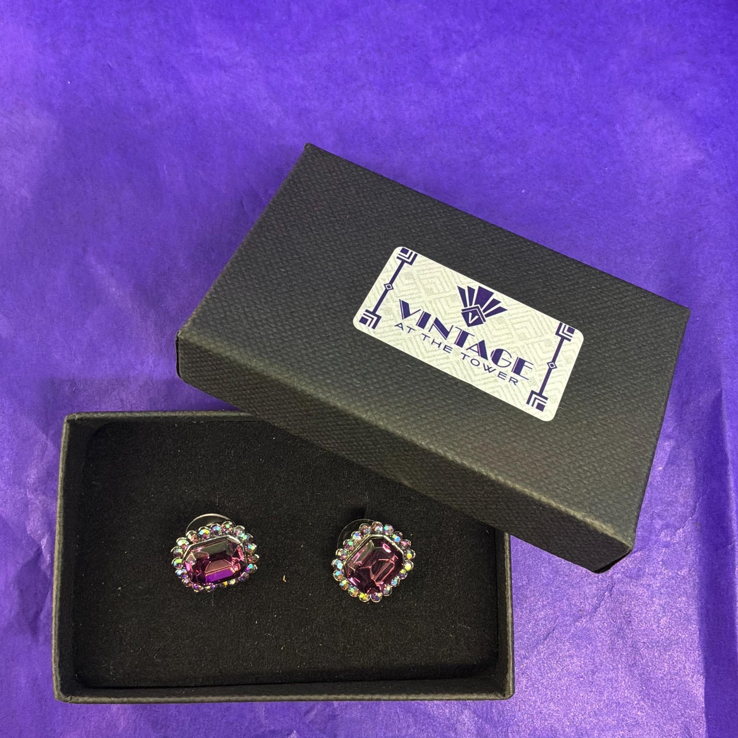Vintage Butler and Wilson Rectangular Purple and Aurora Borealis Crystal Stud Earrings