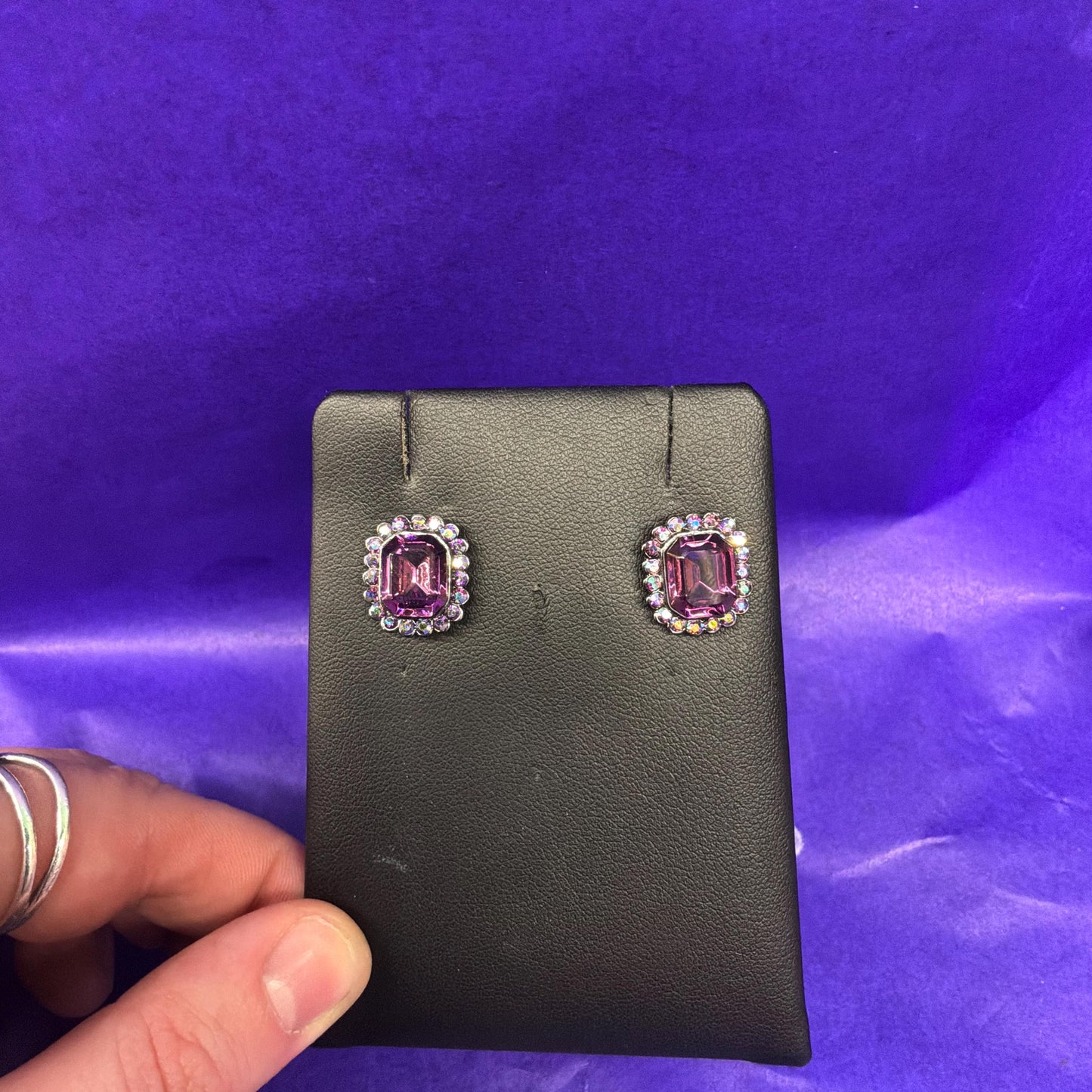 Vintage Butler and Wilson Rectangular Purple and Aurora Borealis Crystal Stud Earrings