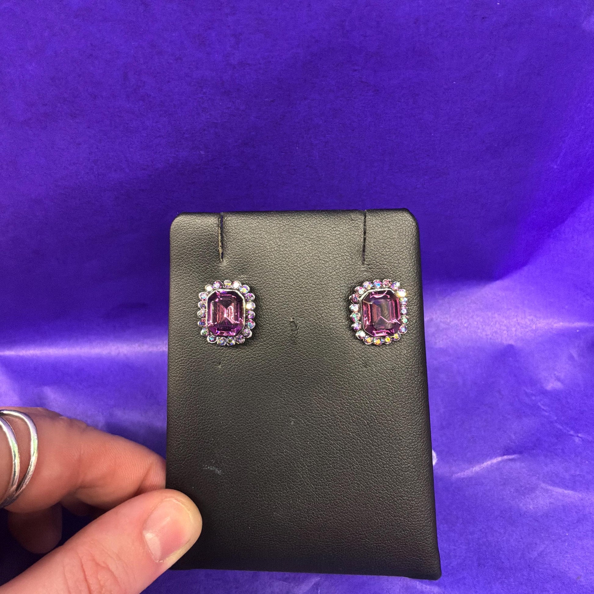 Vintage Butler and Wilson Rectangular Purple and Aurora Borealis Crystal Stud Earrings