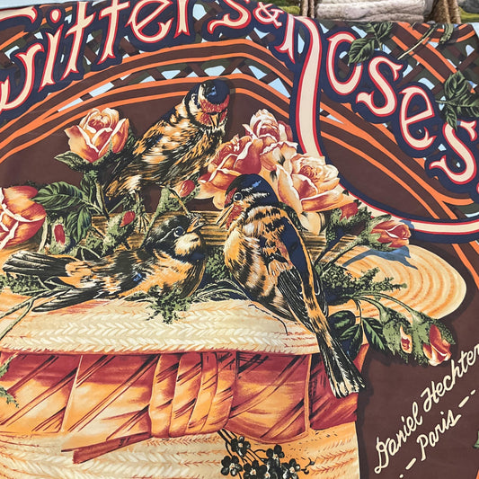 Vintage Daniel Hechter of Paris Large Silk ‘Twitters and Roses’ Scarf, in original packaging. Autumnal Shades with Duck Egg Blue