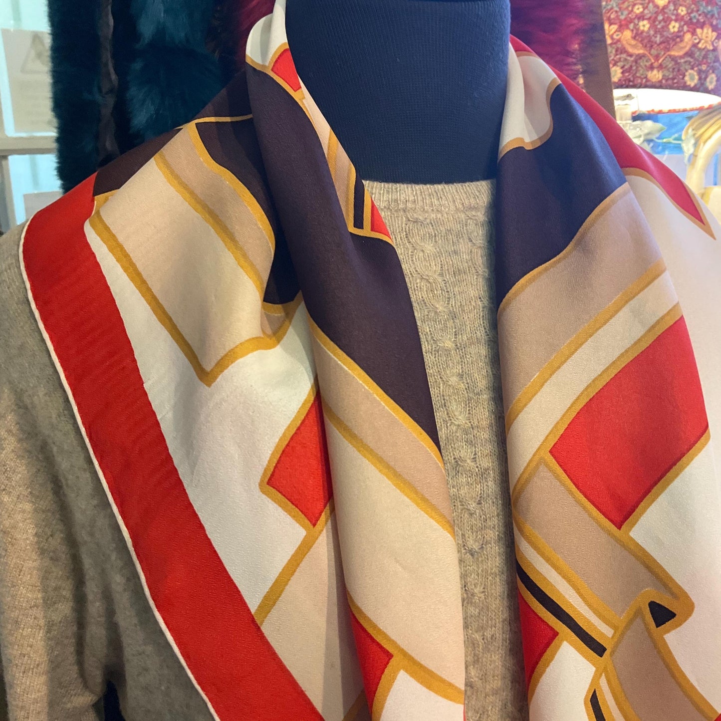 Vintage Mid Century SABLE Handprinted Pure Silk Scarf, Vibrant Abstract Geometric, Shades of Red, gold, cream and brown