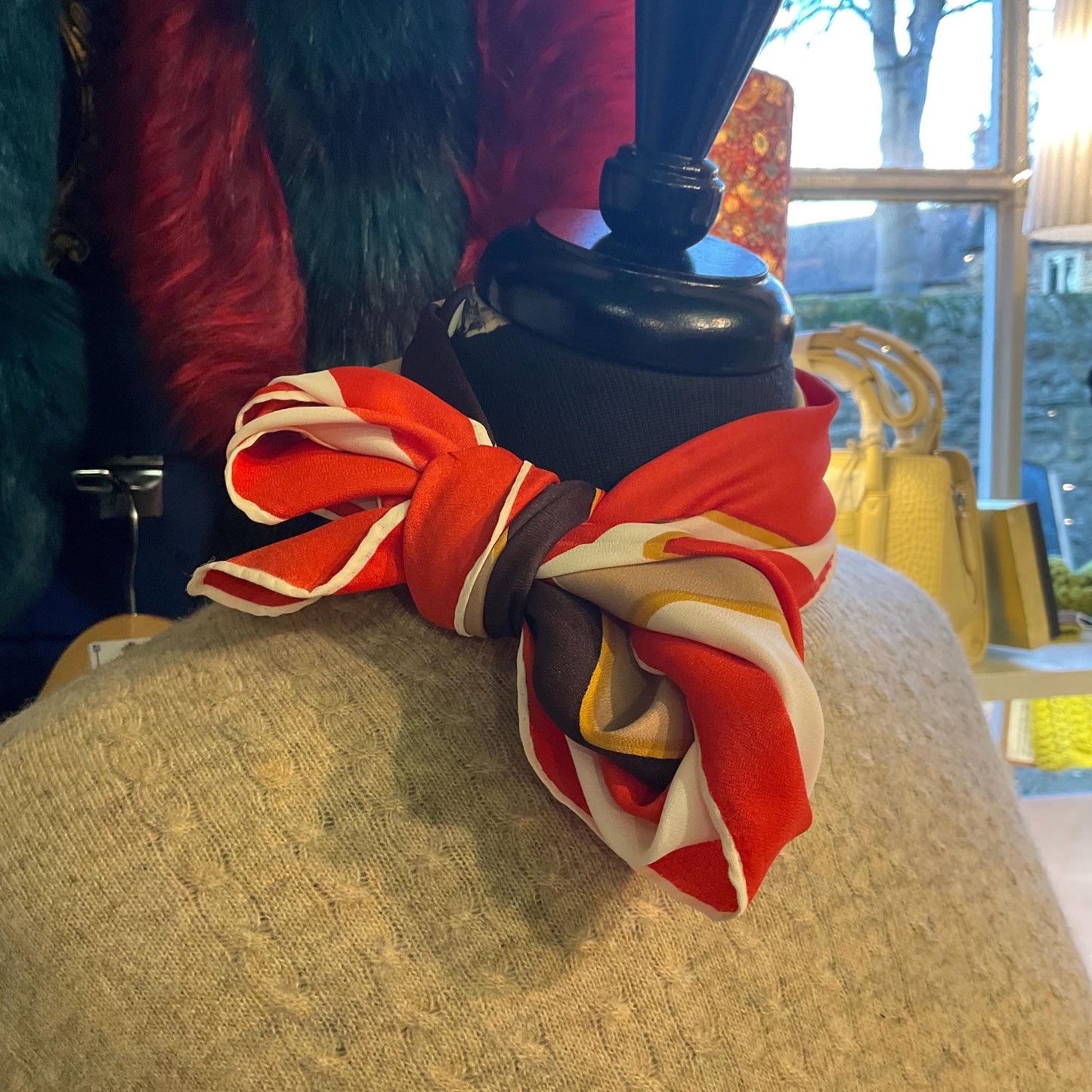 Vintage Mid Century SABLE Handprinted Pure Silk Scarf, Vibrant Abstract Geometric, Shades of Red, gold, cream and brown