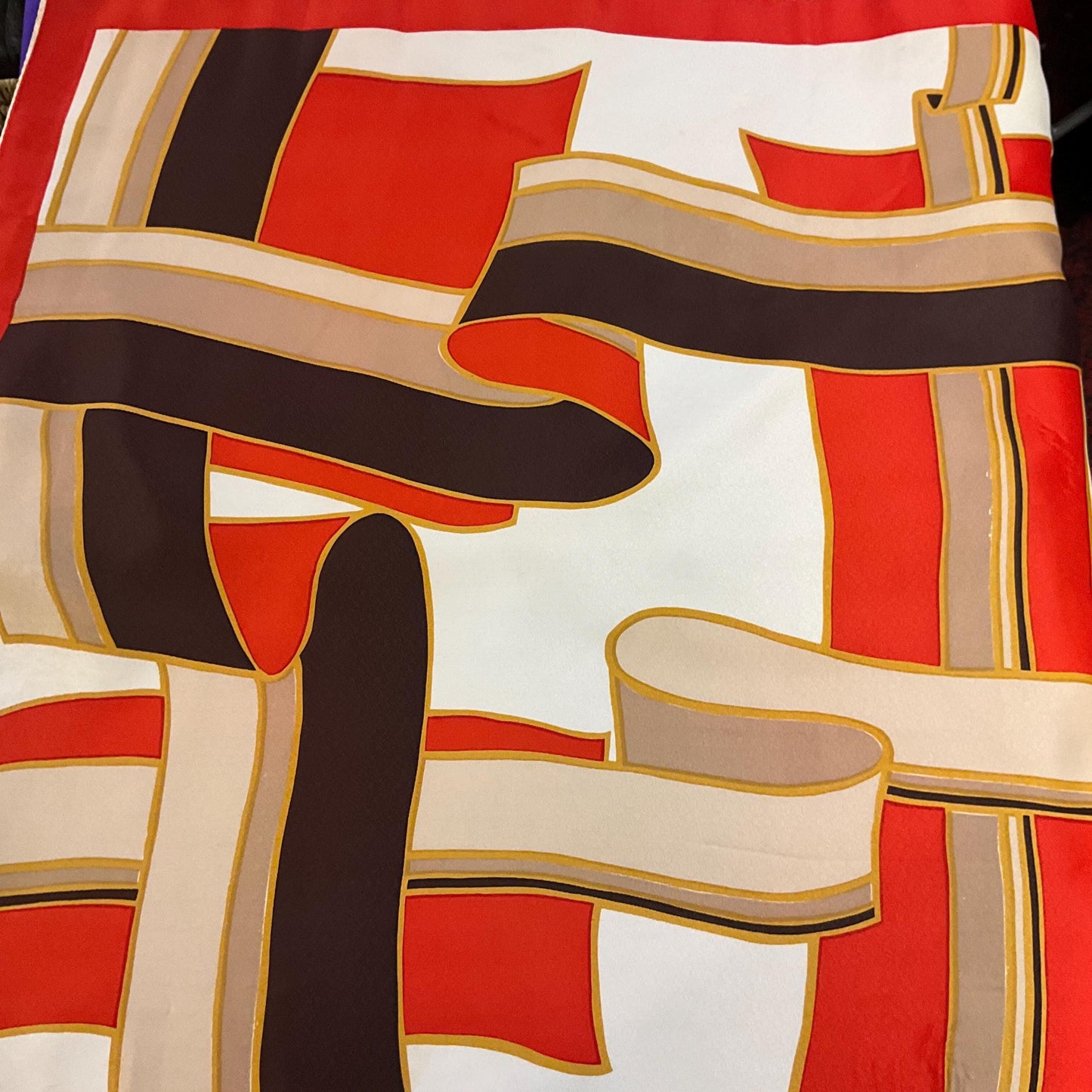 Vintage Mid Century SABLE Handprinted Pure Silk Scarf, Vibrant Abstract Geometric, Shades of Red, gold, cream and brown