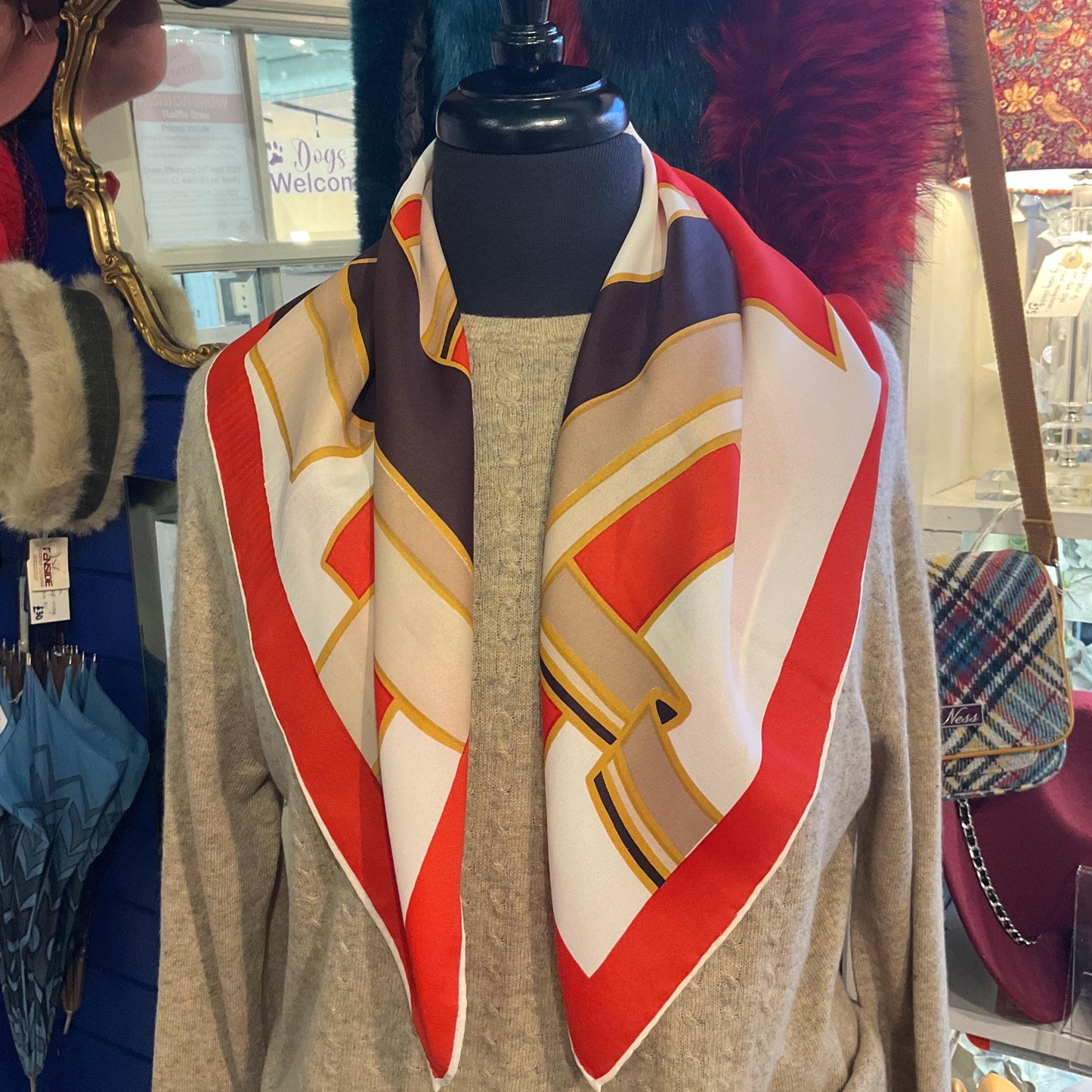 Vintage Mid Century SABLE Handprinted Pure Silk Scarf, Vibrant Abstract Geometric, Shades of Red, gold, cream and brown