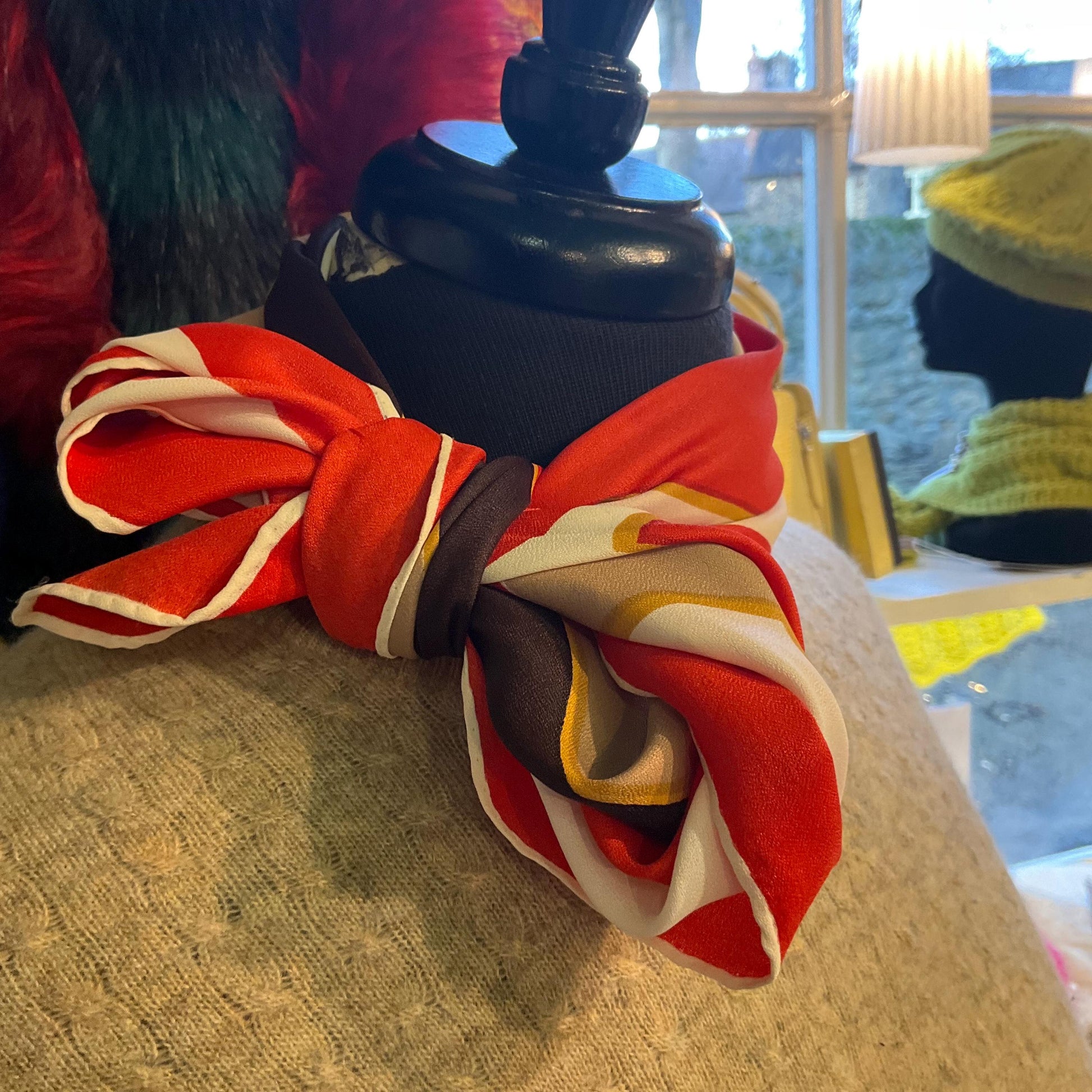 Vintage Mid Century SABLE Handprinted Pure Silk Scarf, Vibrant Abstract Geometric, Shades of Red, gold, cream and brown