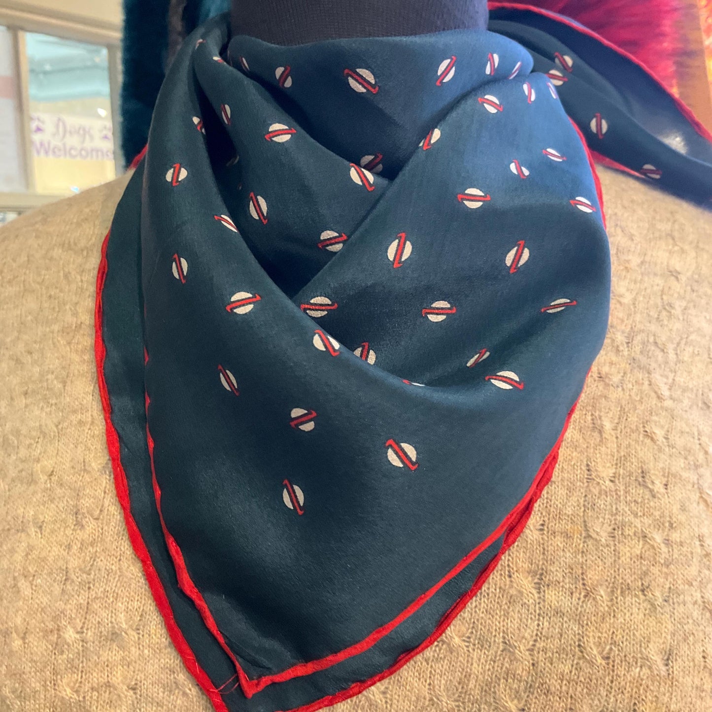 Vintage JAEGER Mid Century Pure Silk Scarf, Ditsy Red and Cream dotty Print , Dark Green/ Teal Background, Hand Rolled
