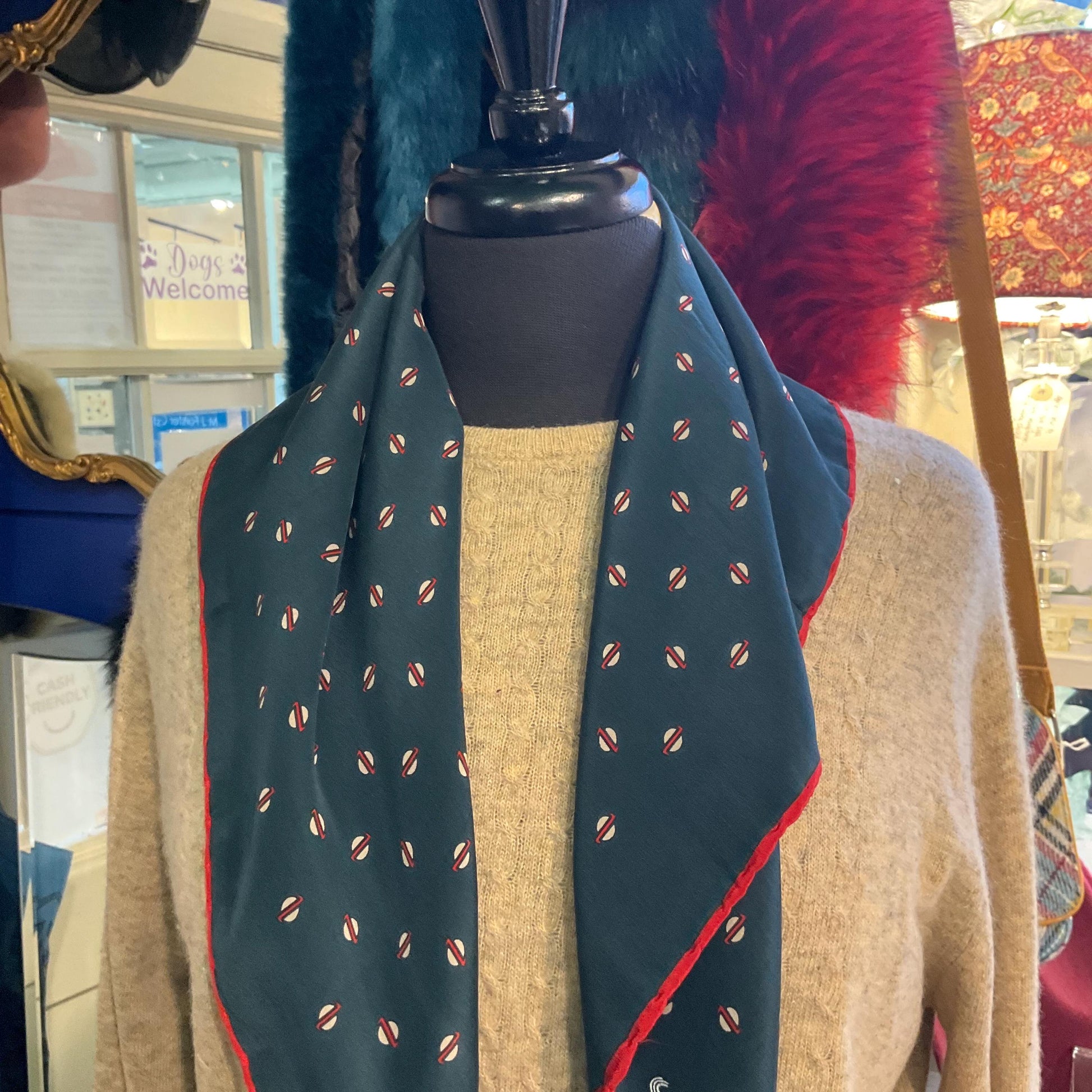 Vintage JAEGER Mid Century Pure Silk Scarf, Ditsy Red and Cream dotty Print , Dark Green/ Teal Background, Hand Rolled