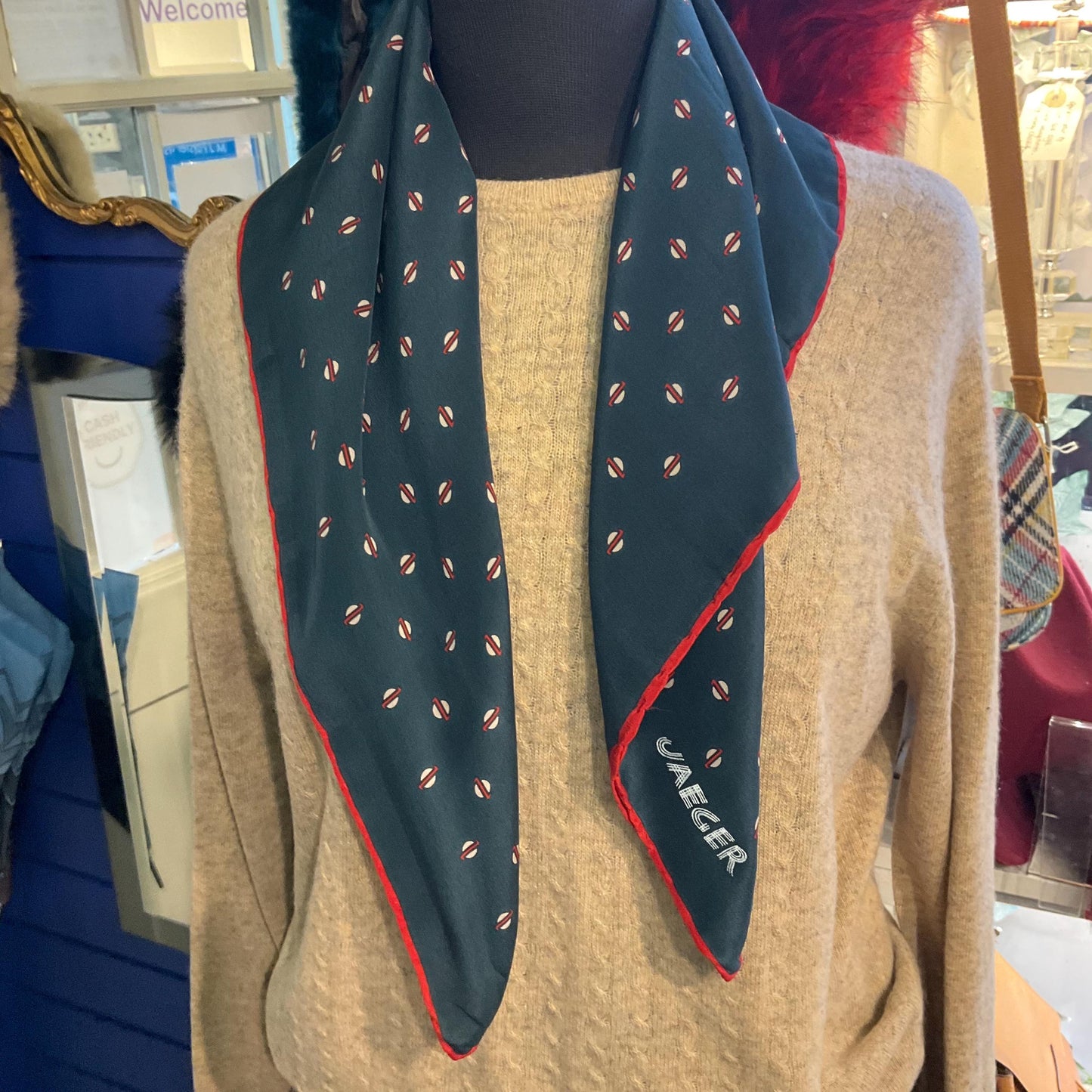 Vintage JAEGER Mid Century Pure Silk Scarf, Ditsy Red and Cream dotty Print , Dark Green/ Teal Background, Hand Rolled
