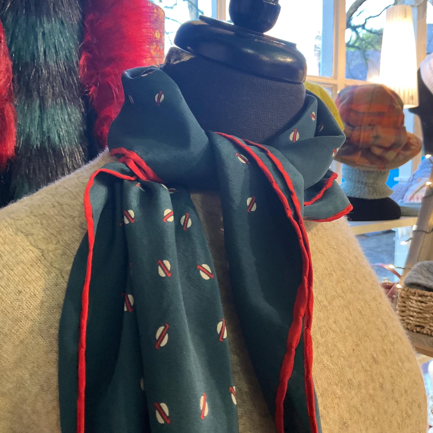 Vintage JAEGER Mid Century Pure Silk Scarf, Ditsy Red and Cream dotty Print , Dark Green/ Teal Background, Hand Rolled