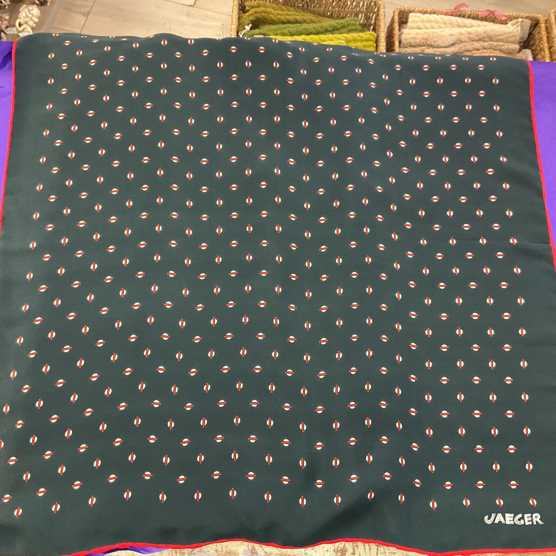 Vintage JAEGER Mid Century Pure Silk Scarf, Ditsy Red and Cream dotty Print , Dark Green/ Teal Background, Hand Rolled