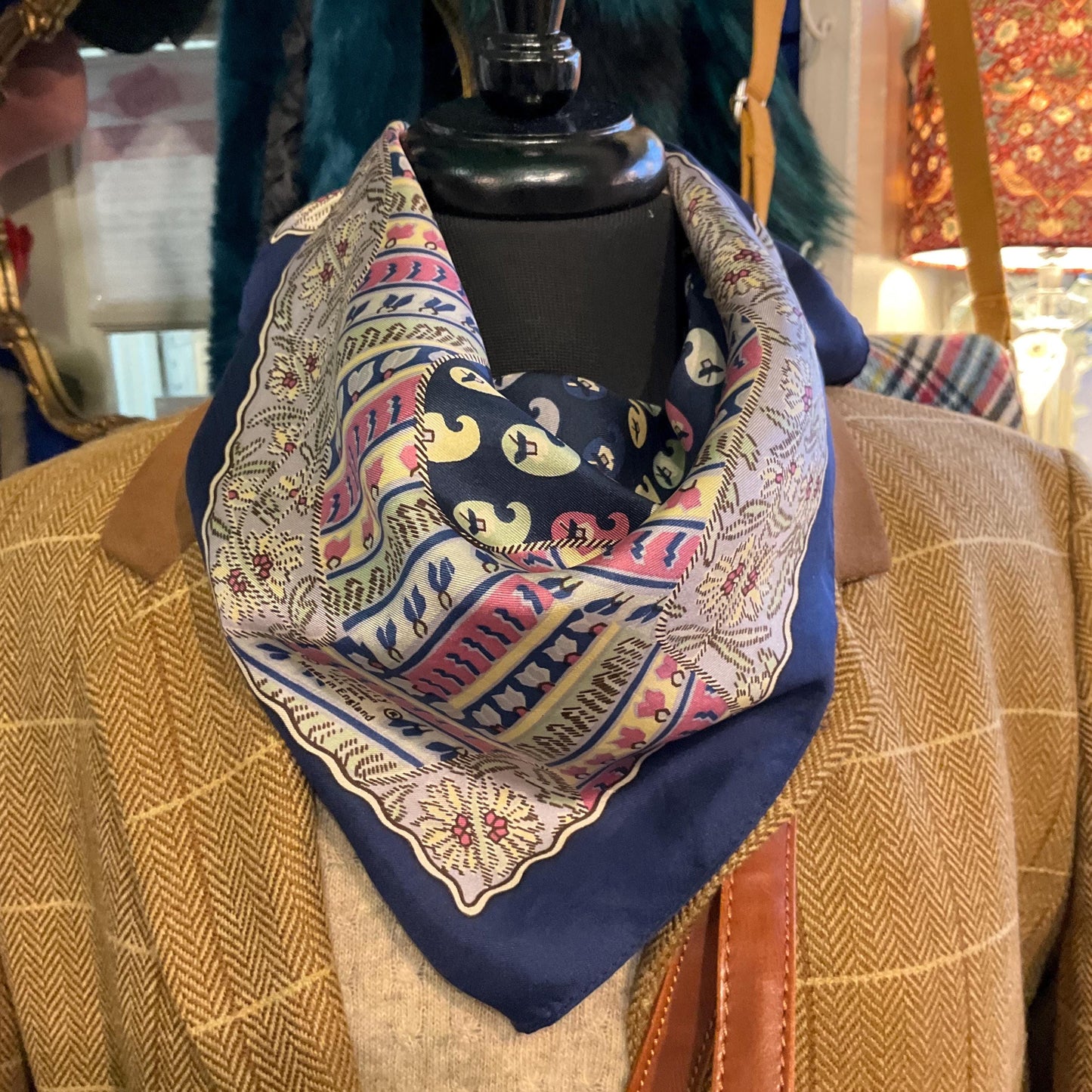 Vintage Liberty of London Pure Silk Floral Paisley Scarf in Shades of Blue, Green, Pink and Gold