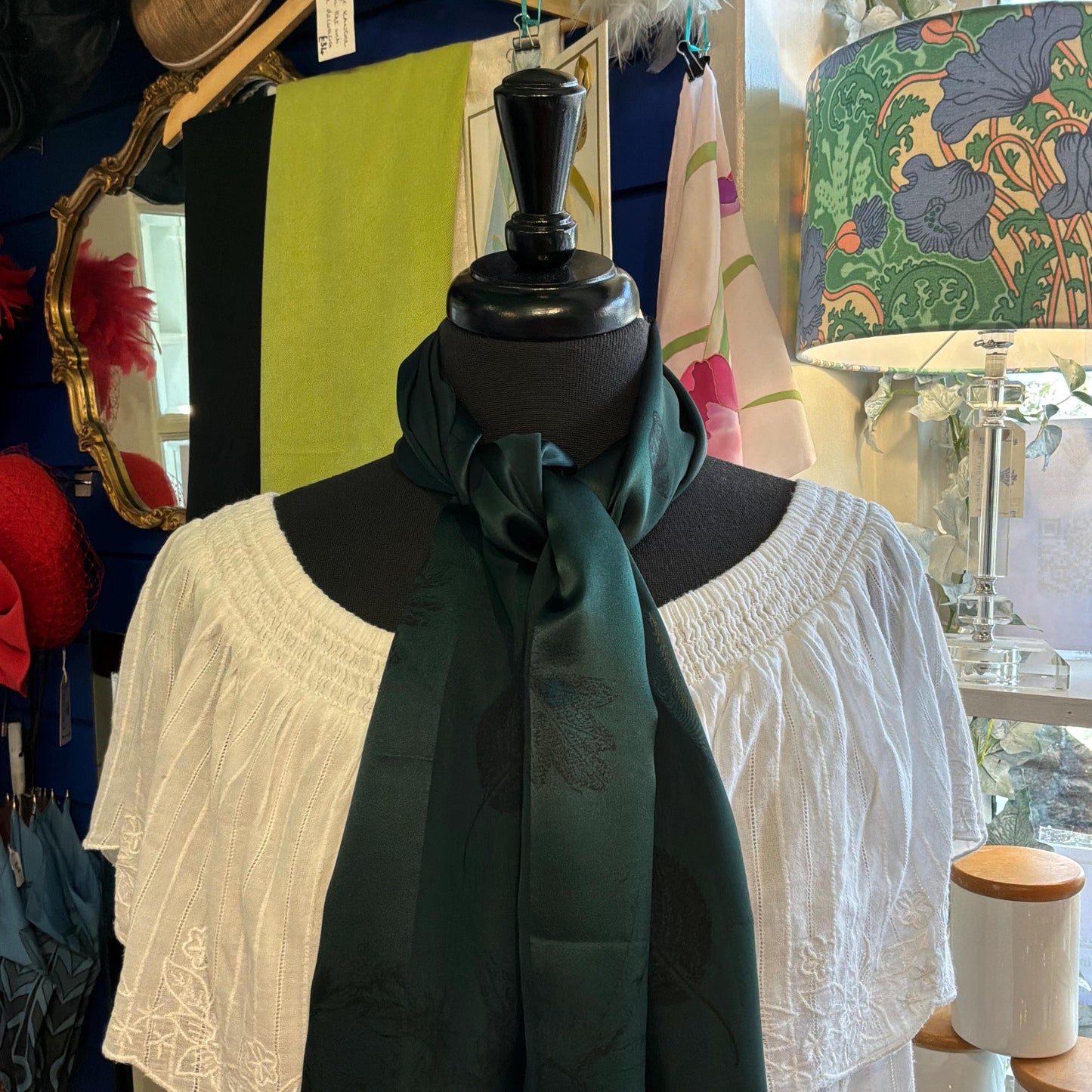 Vintage Silk Scarf by English Eccentrics for Liberty of London , Large Rectangular Silk Devore Scarf in Deep Green with Sea Shells Print