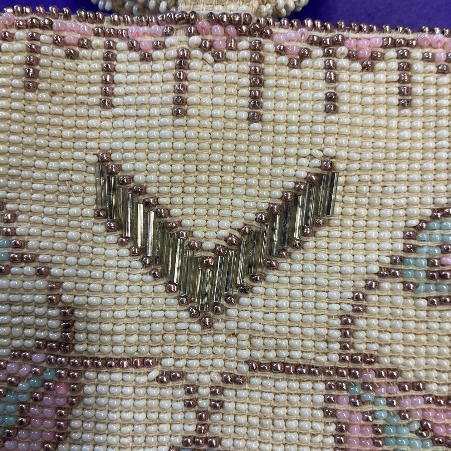 Antique Art Deco Tulip Beaded Evening Bag with Loop Handle, Ivory with rose gold, pale aqua and pink seed beads