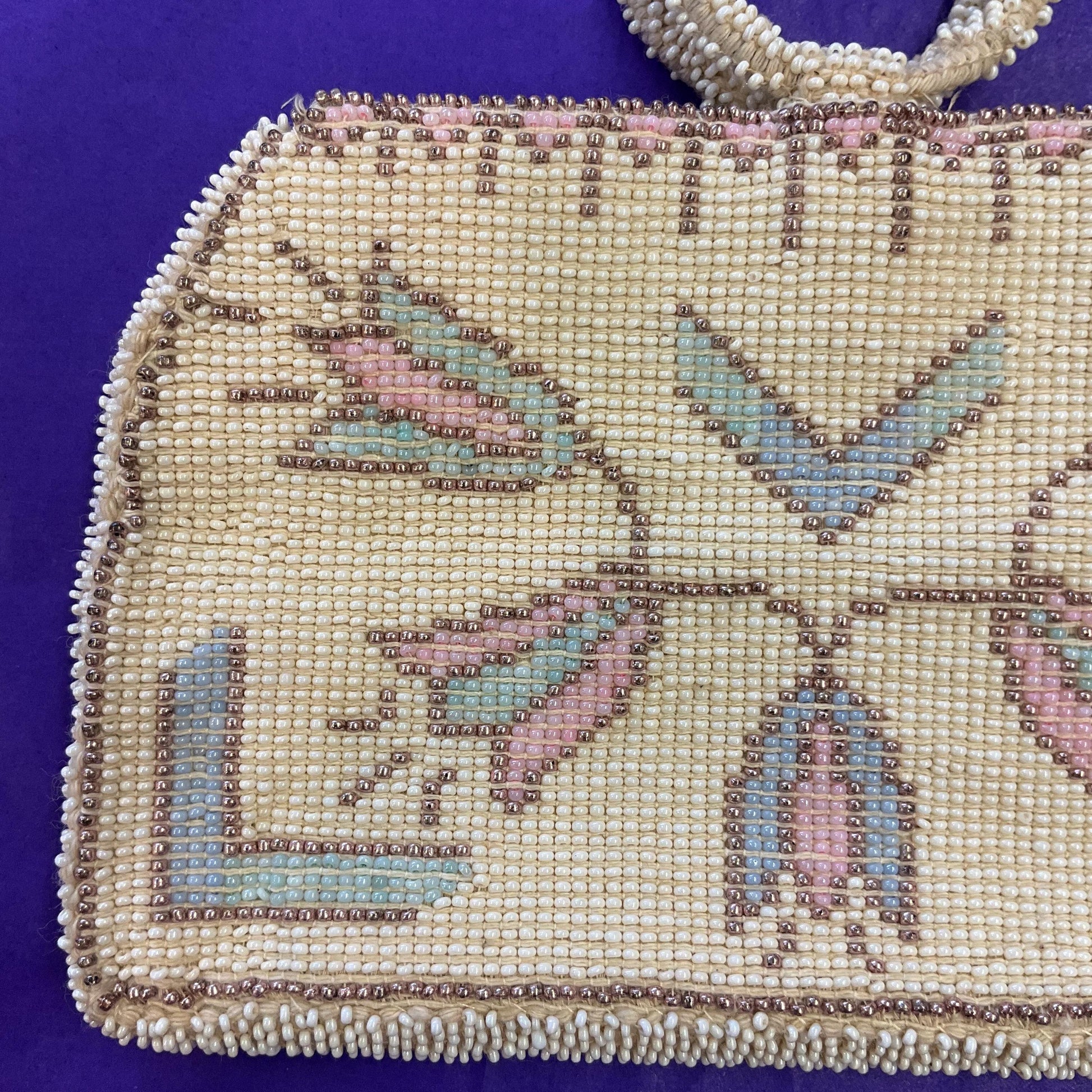 Antique Art Deco Tulip Beaded Evening Bag with Loop Handle, Ivory with rose gold, pale aqua and pink seed beads