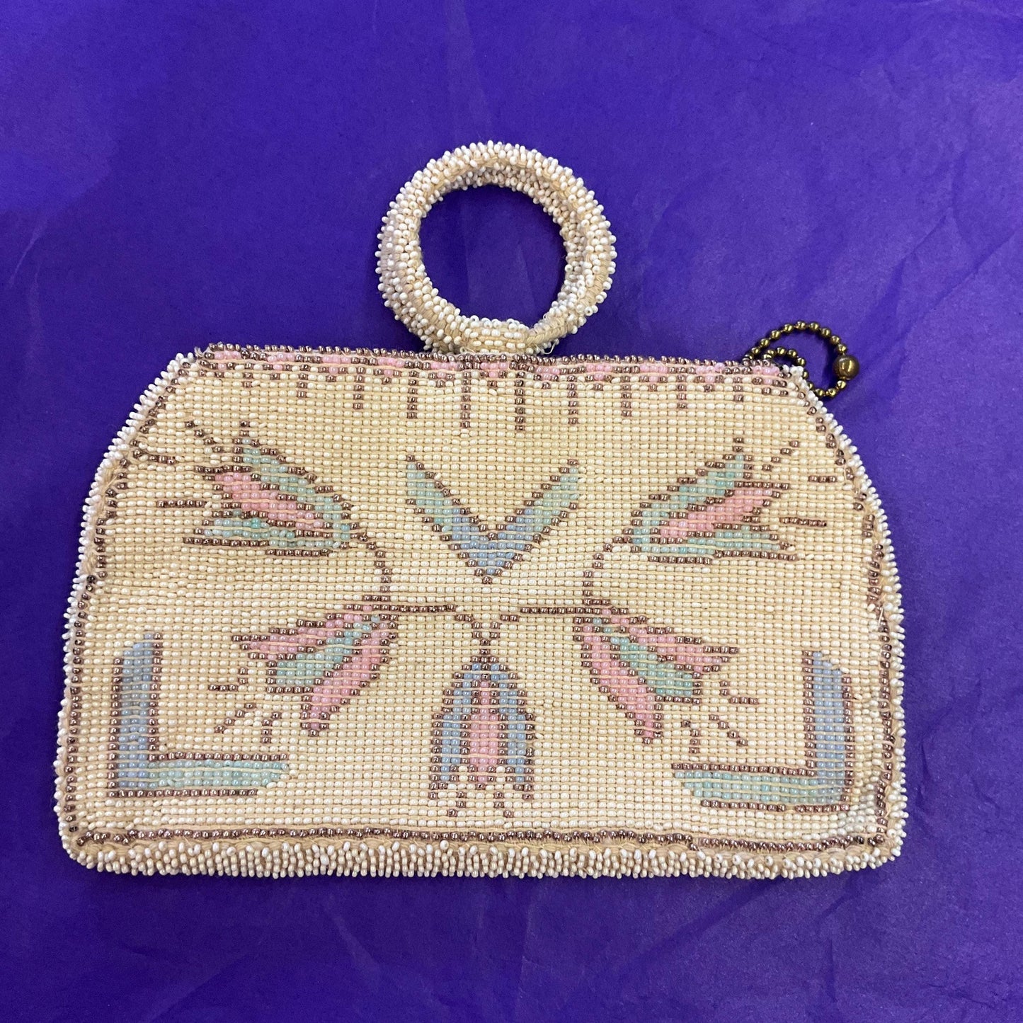 Antique Art Deco Tulip Beaded Evening Bag with Loop Handle, Ivory with rose gold, pale aqua and pink seed beads