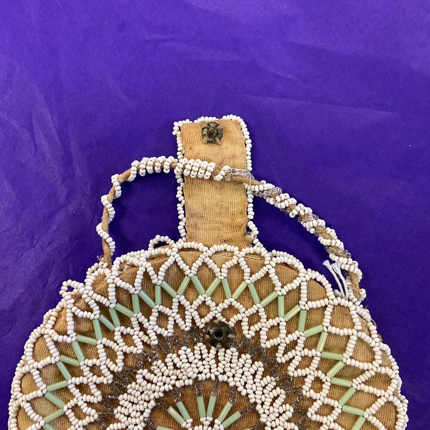 Antique Art Deco Circular Beaded Evening Bag , Gold Taffeta with white, green and silver beading.