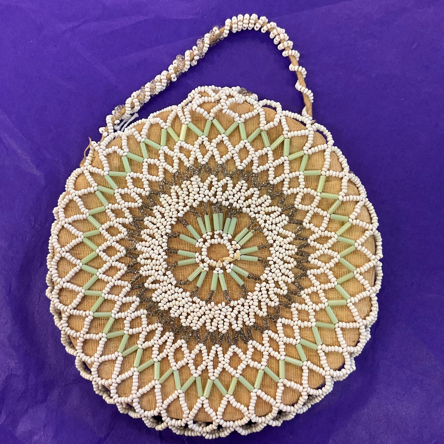 Antique Art Deco Circular Beaded Evening Bag , Gold Taffeta with white, green and silver beading.