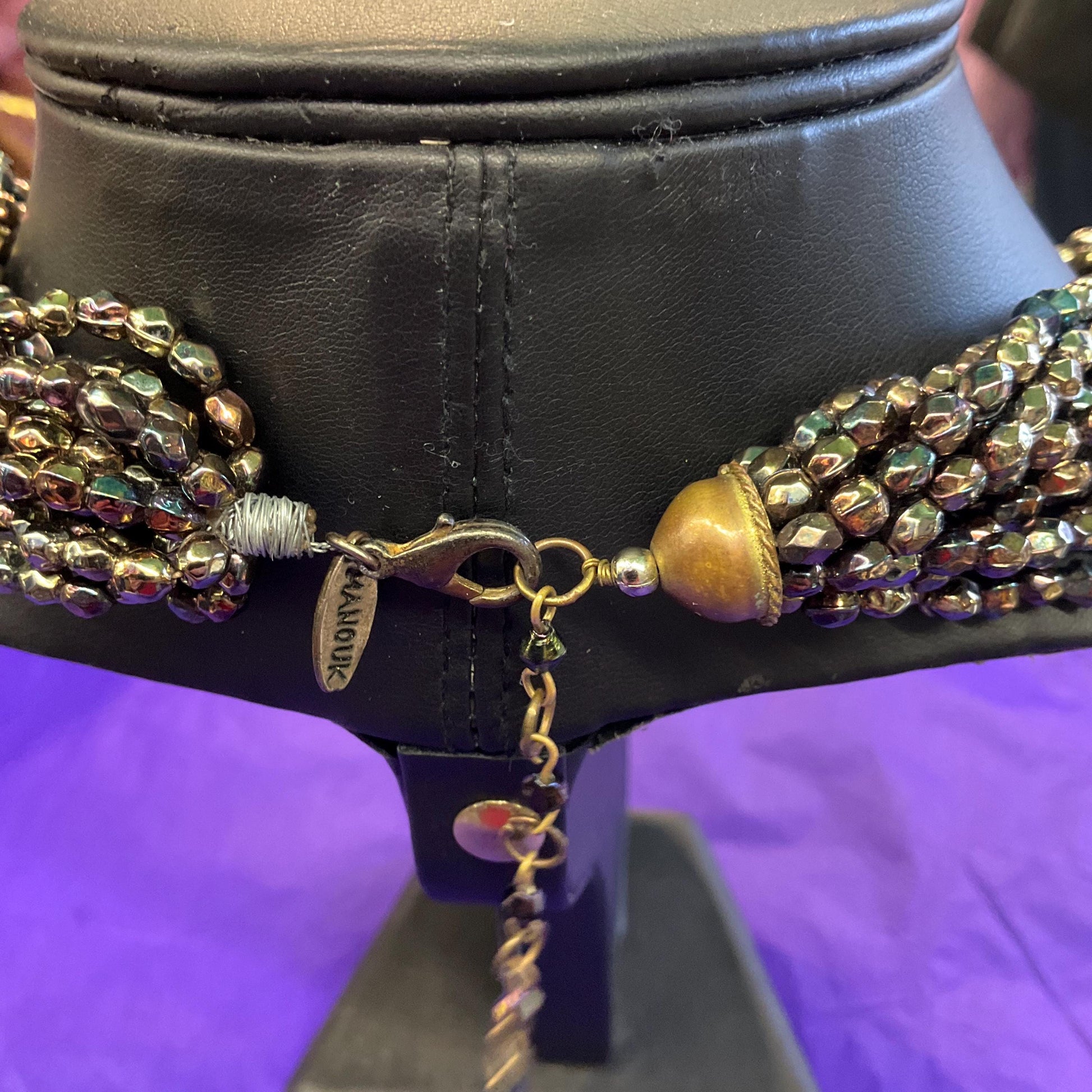 Vintage 1990s MANOUK Multistrand twisted Irridescent beaded crystal necklace, Peacock/ Petrol Borealis Glass Beads