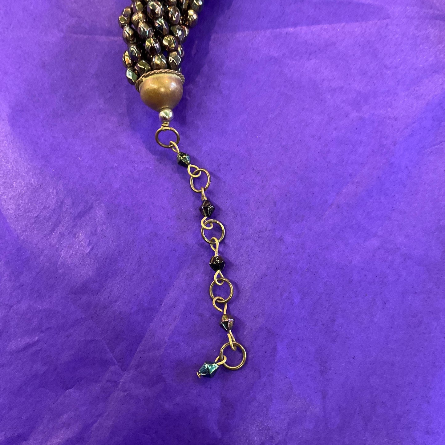 Vintage 1990s MANOUK Multistrand twisted Irridescent beaded crystal necklace, Peacock/ Petrol Borealis Glass Beads