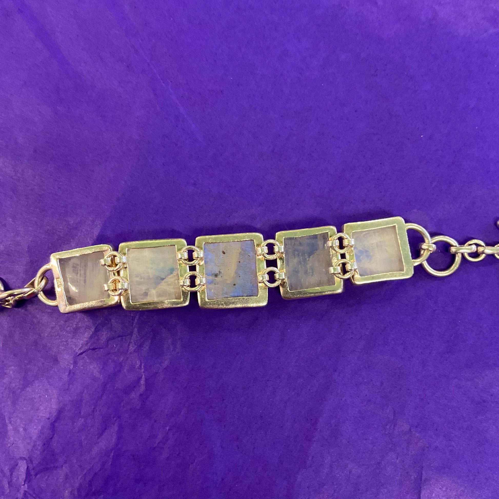 Vintage Silver and Moonstone Artisan Made Chunky T Bar Panel Bracelet, Large Square Gemstones and 925 Silver