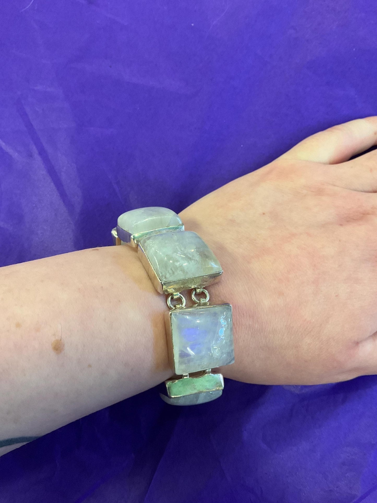 Vintage Silver and Moonstone Artisan Made Chunky T Bar Panel Bracelet, Large Square Gemstones and 925 Silver