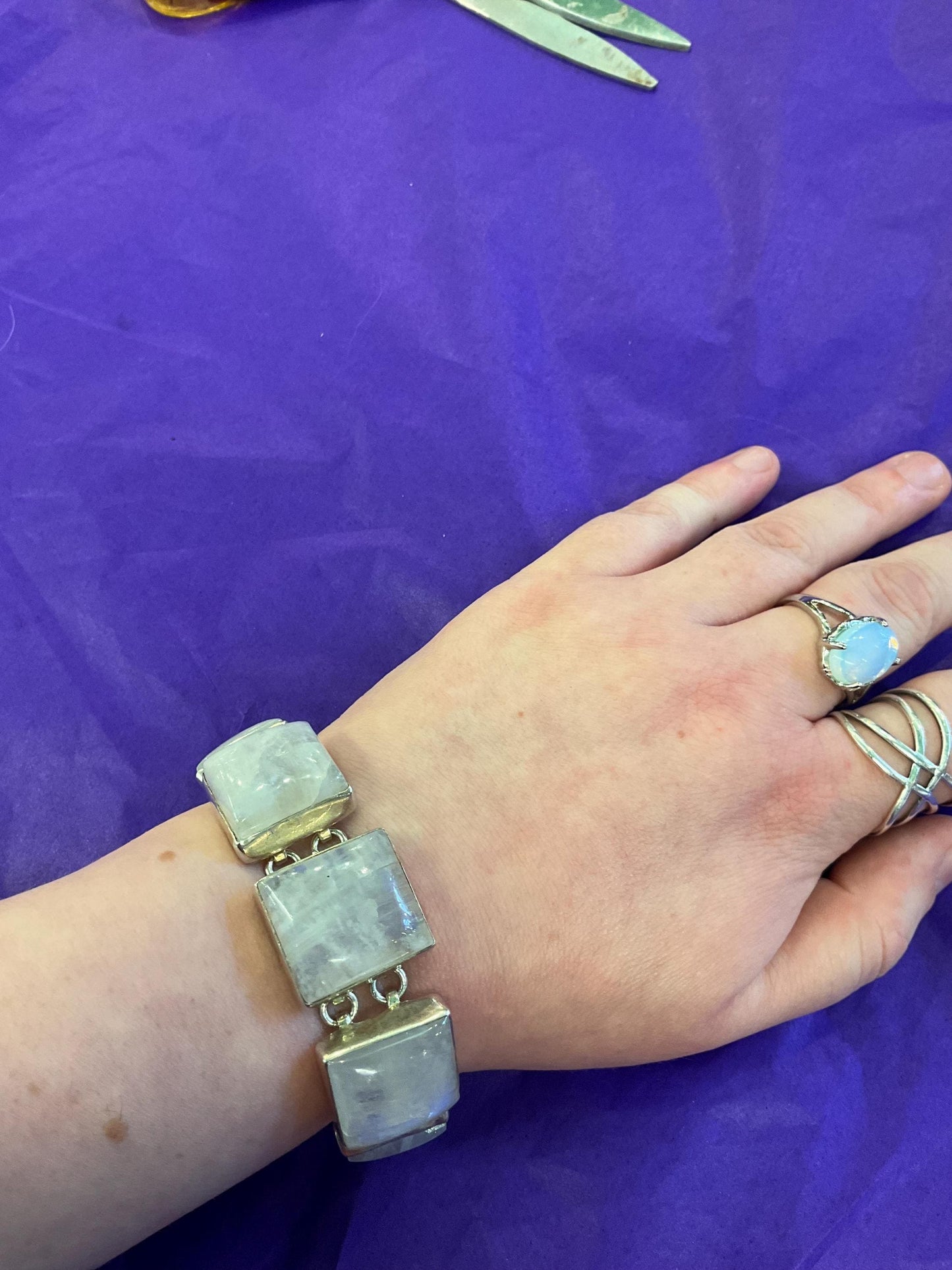 Vintage Silver and Moonstone Artisan Made Chunky T Bar Panel Bracelet, Large Square Gemstones and 925 Silver