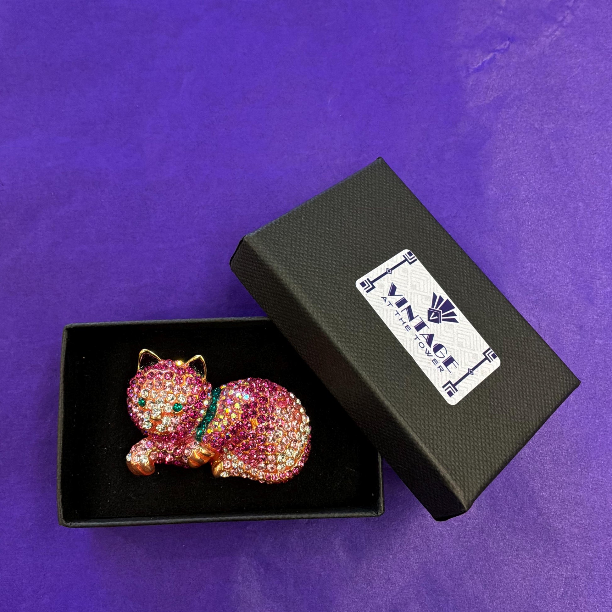 Vintage Butler and Wilson Pink Crystal Cat Brooch, Ombré Pink and Silver Rhinestones