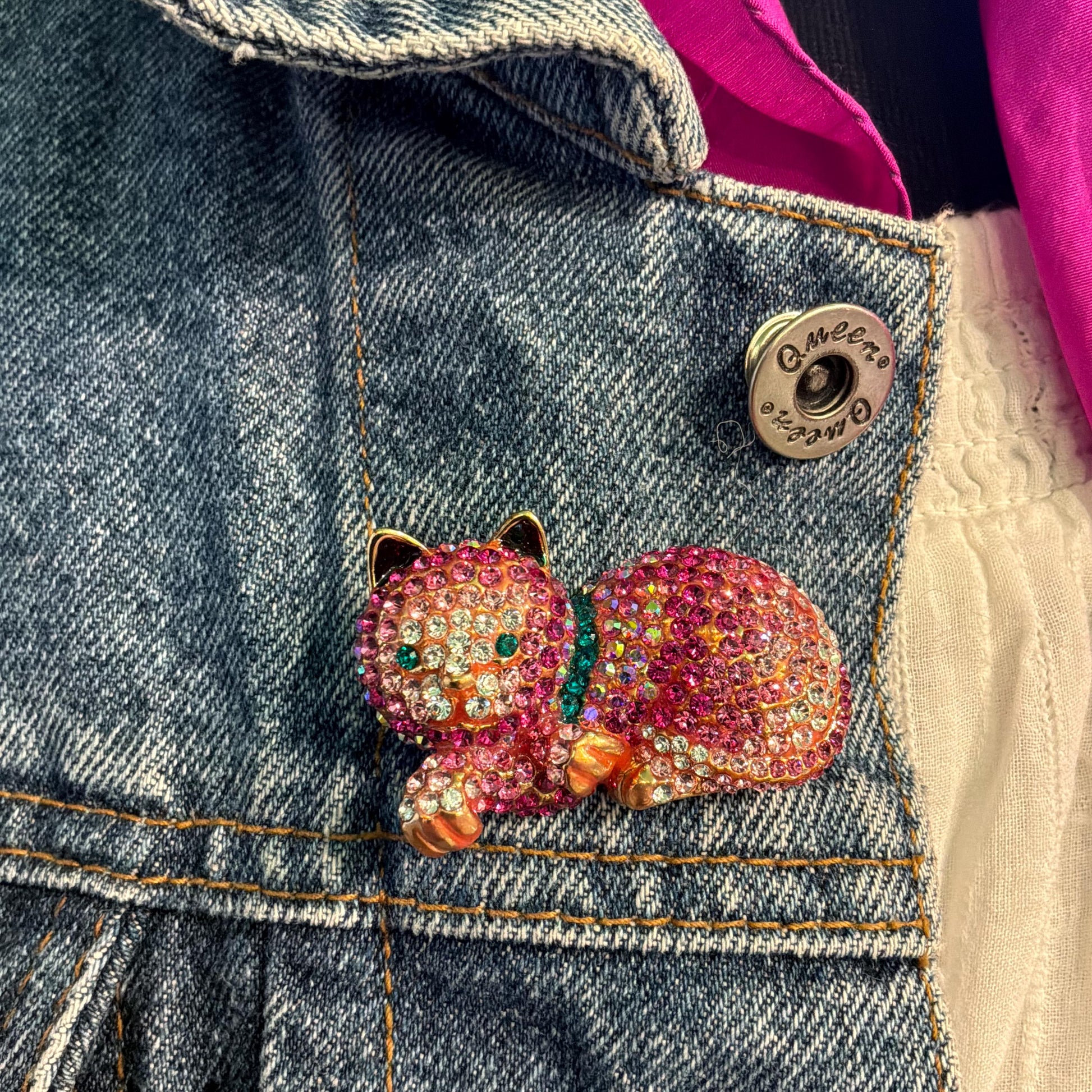 Vintage Butler and Wilson Pink Crystal Cat Brooch, Ombré Pink and Silver Rhinestones