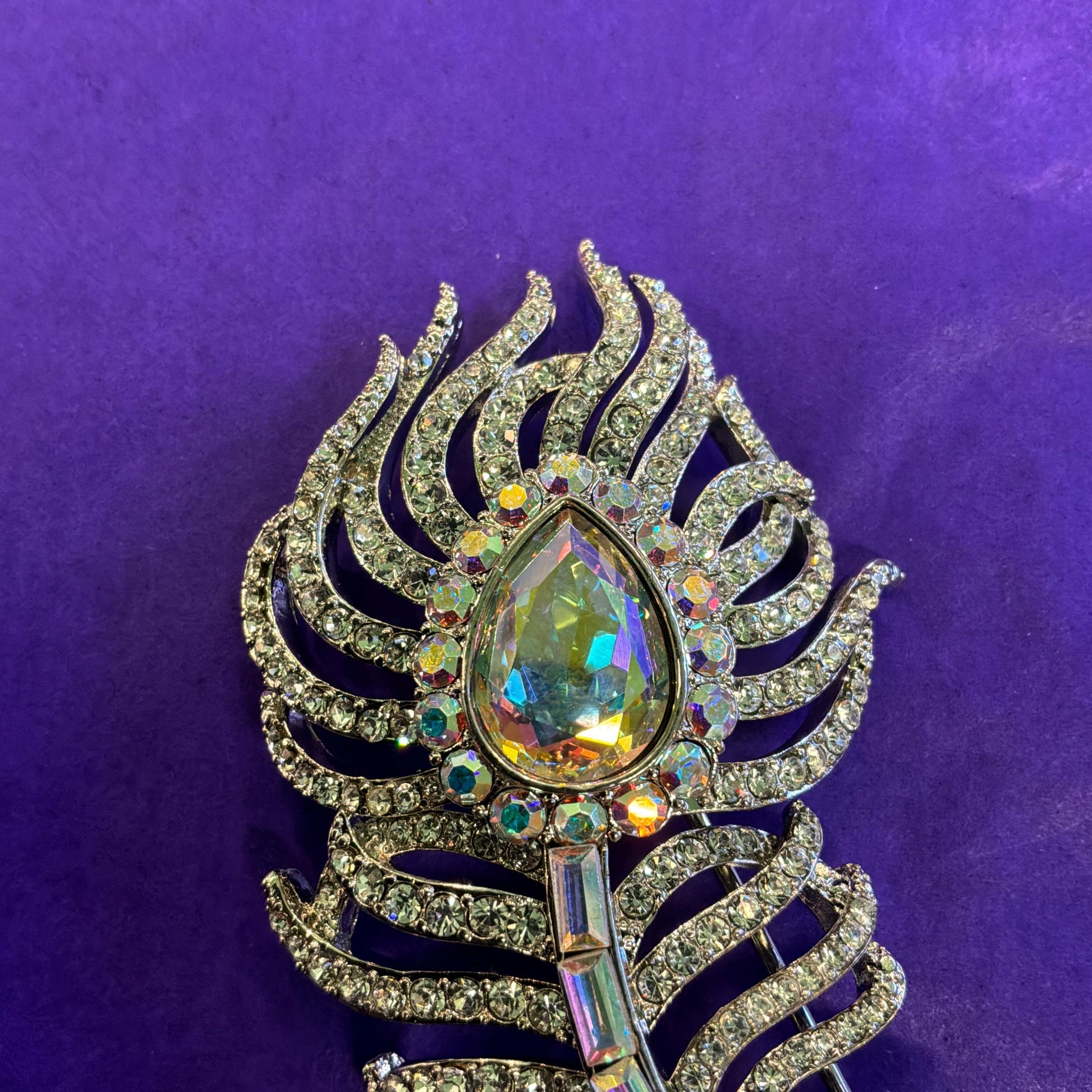 Vintage Butler and Wilson Large Silver Crystal Peacock Feather Brooch, Aurora Borealis Crystals and Rhinestones
