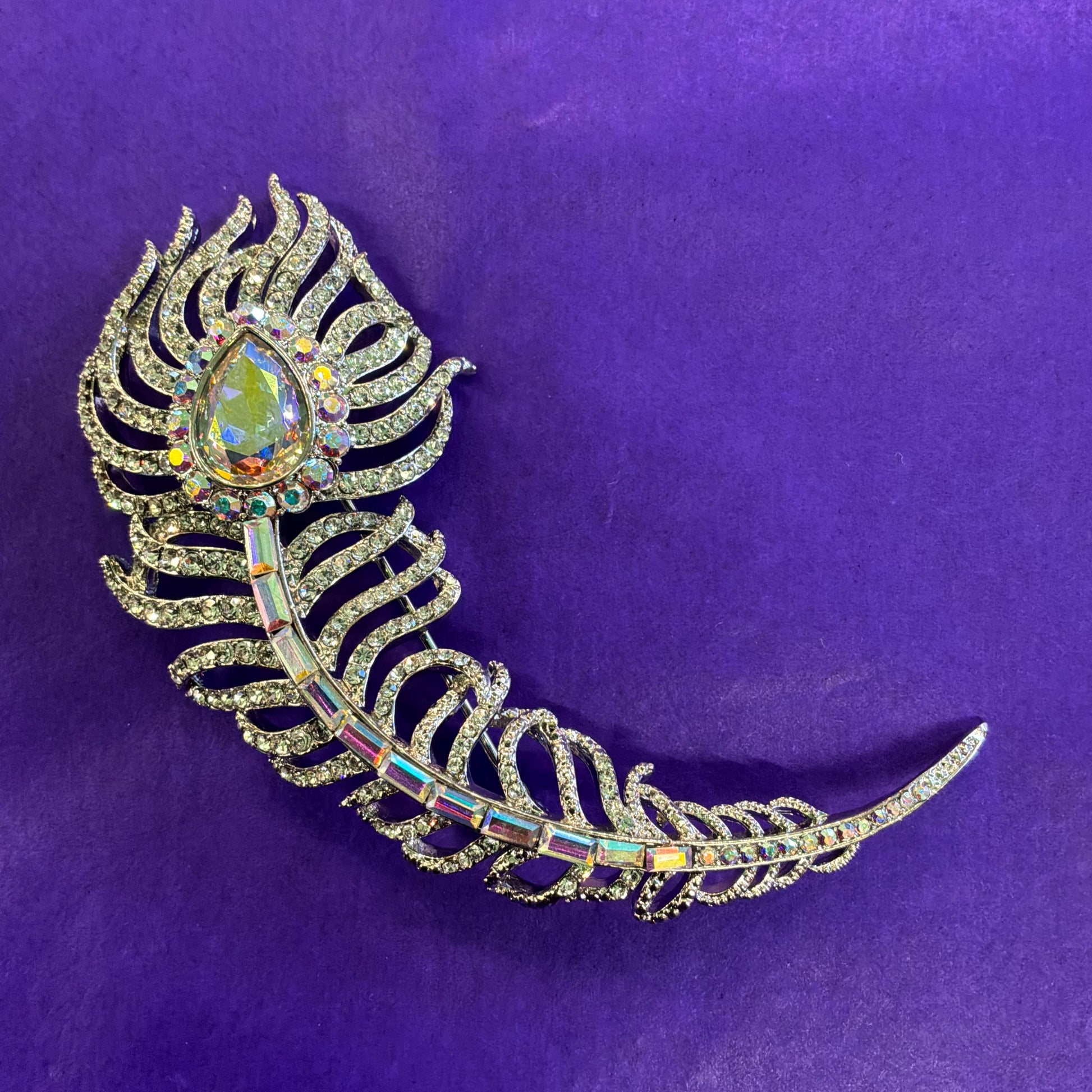 Vintage Butler and Wilson Large Silver Crystal Peacock Feather Brooch, Aurora Borealis Crystals and Rhinestones