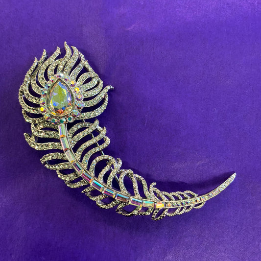 Vintage Butler and Wilson Large Silver Crystal Peacock Feather Brooch, Aurora Borealis Crystals and Rhinestones