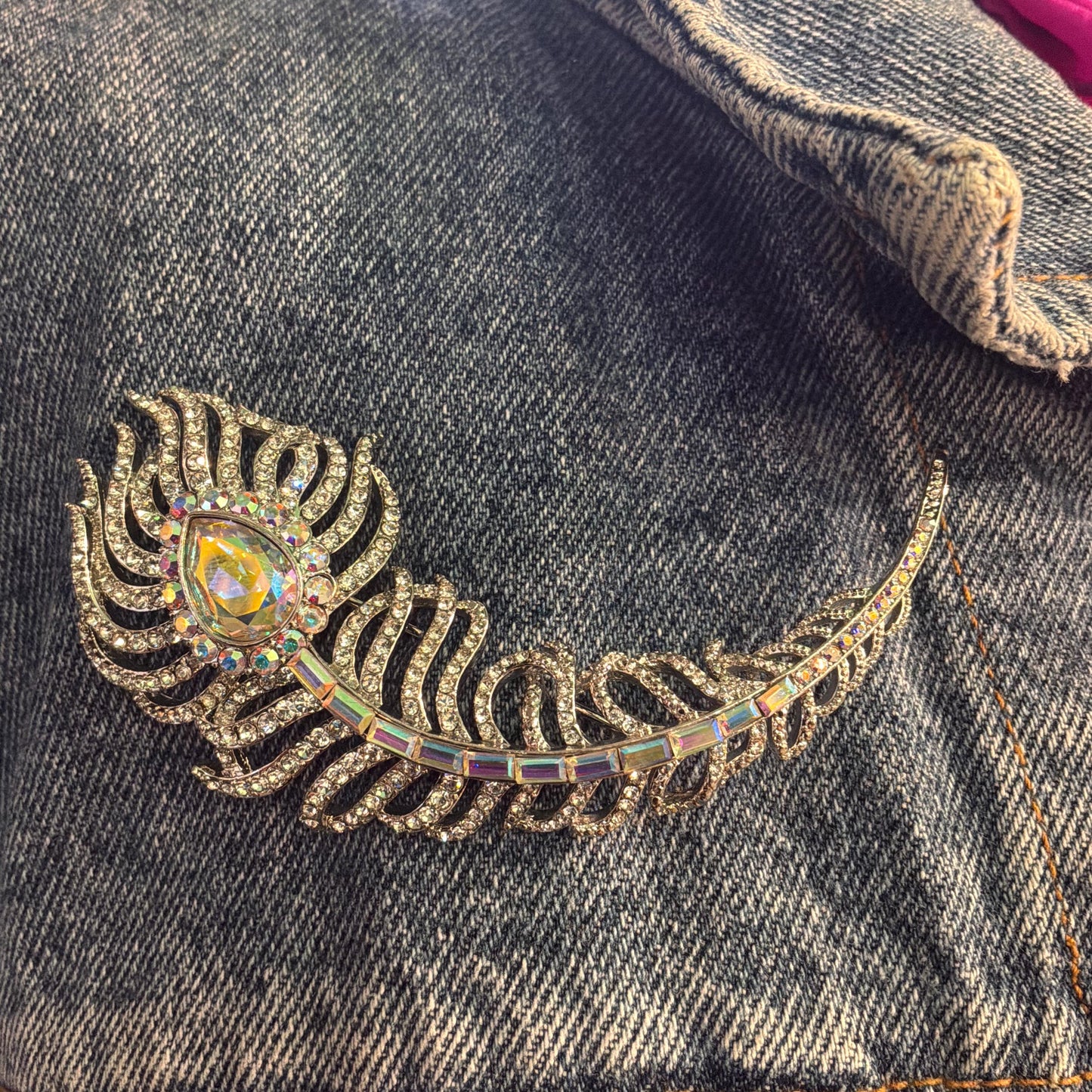 Vintage Butler and Wilson Large Silver Crystal Peacock Feather Brooch, Aurora Borealis Crystals and Rhinestones