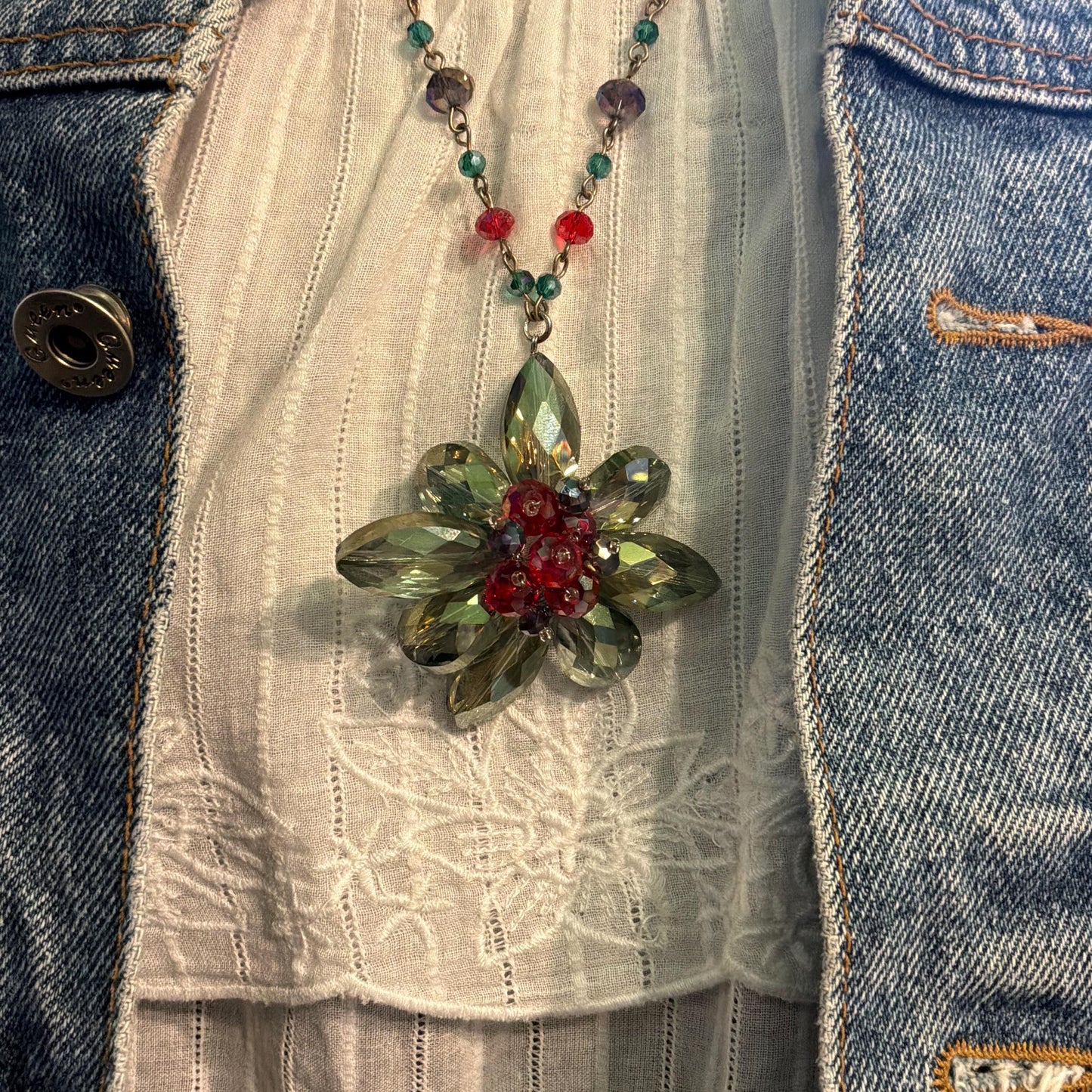 Vintage Butler and Wilson Floral Crystal Long Drop Pendant Necklace, Shades of Blue and Red