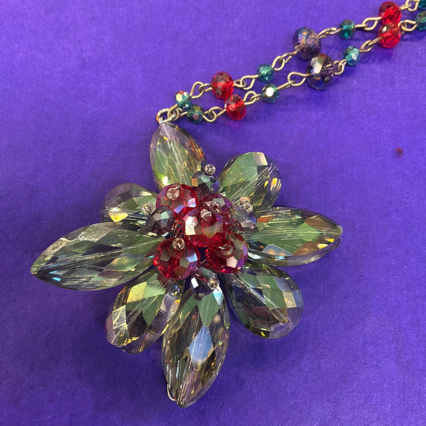 Vintage Butler and Wilson Floral Crystal Long Drop Pendant Necklace, Shades of Blue and Red