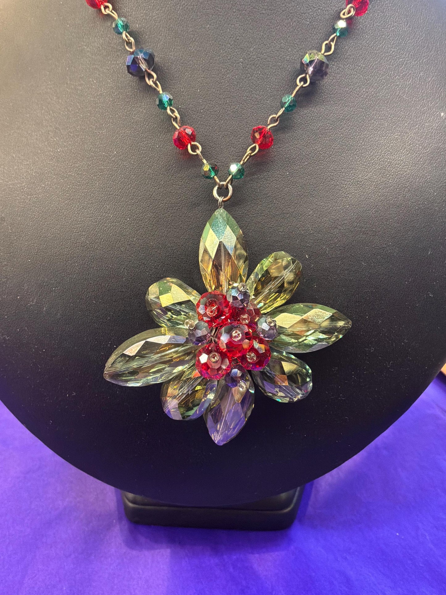 Vintage Butler and Wilson Floral Crystal Long Drop Pendant Necklace, Shades of Blue and Red