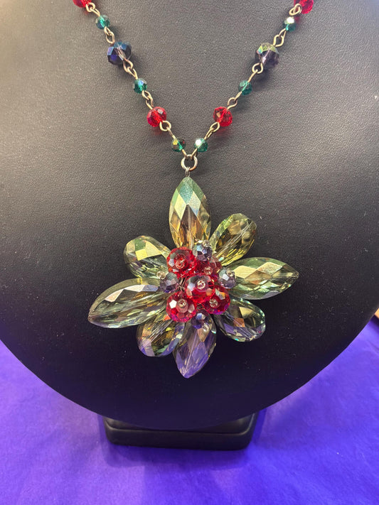 Vintage Butler and Wilson Floral Crystal Long Drop Pendant Necklace, Shades of Blue and Red