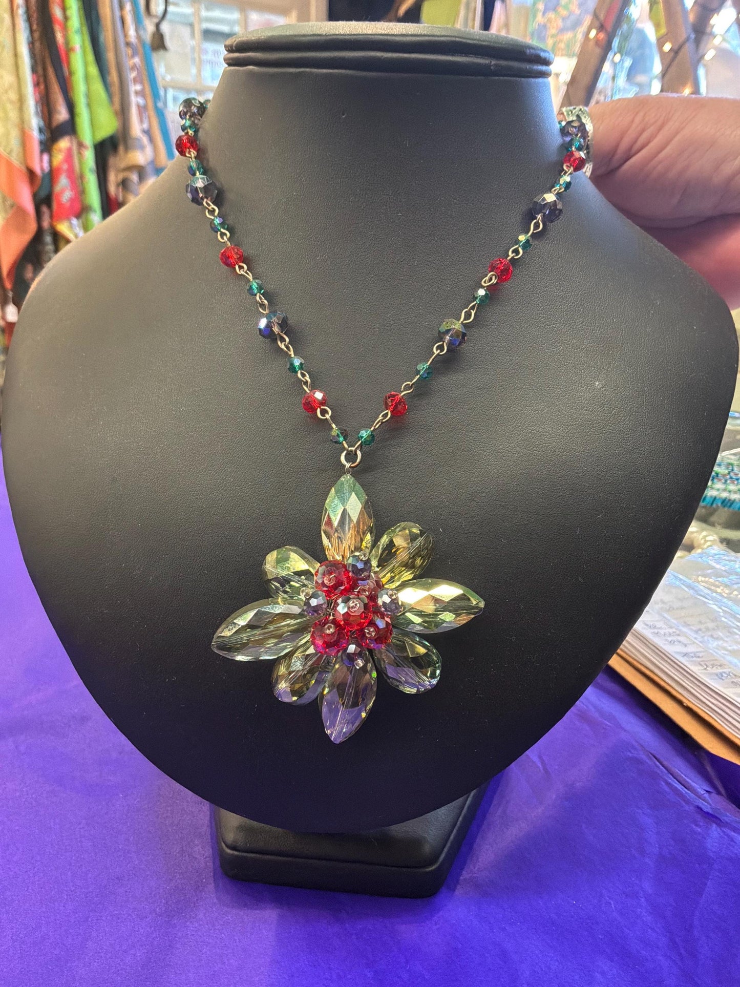 Vintage Butler and Wilson Floral Crystal Long Drop Pendant Necklace, Shades of Blue and Red
