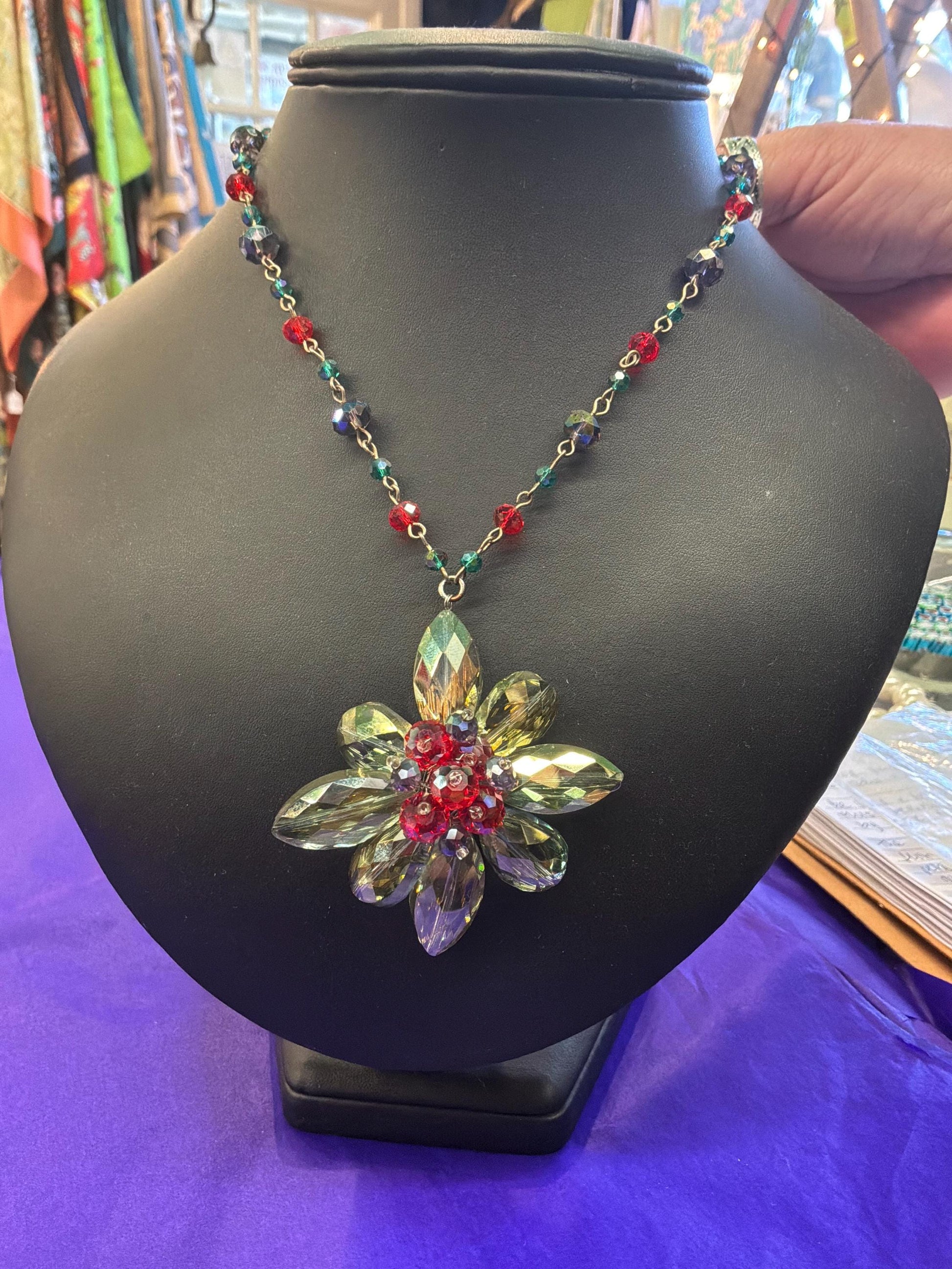 Vintage Butler and Wilson Floral Crystal Long Drop Pendant Necklace, Shades of Blue and Red