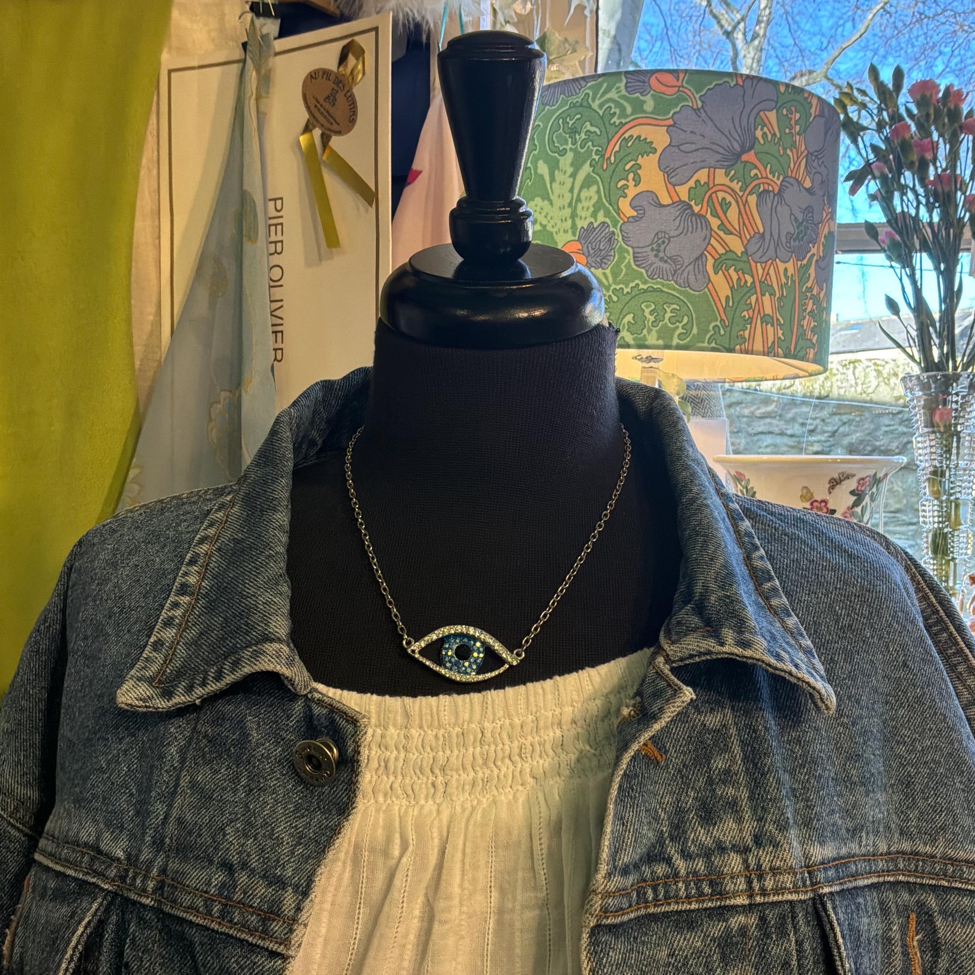 Vintage Butler and Wilson Crystal Eye Pendant, Silver Tone with Silver, Blue, and Black Crystals