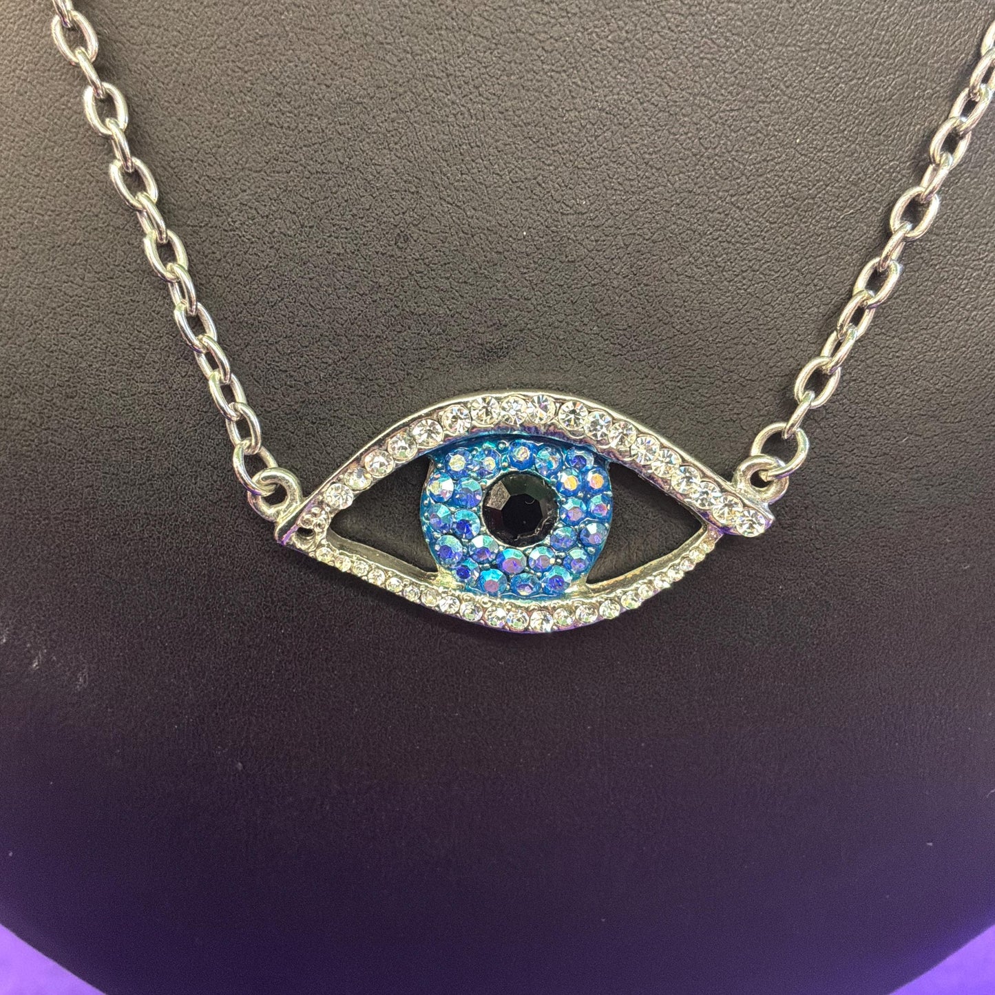 Vintage Butler and Wilson Crystal Eye Pendant, Silver Tone with Silver, Blue, and Black Crystals