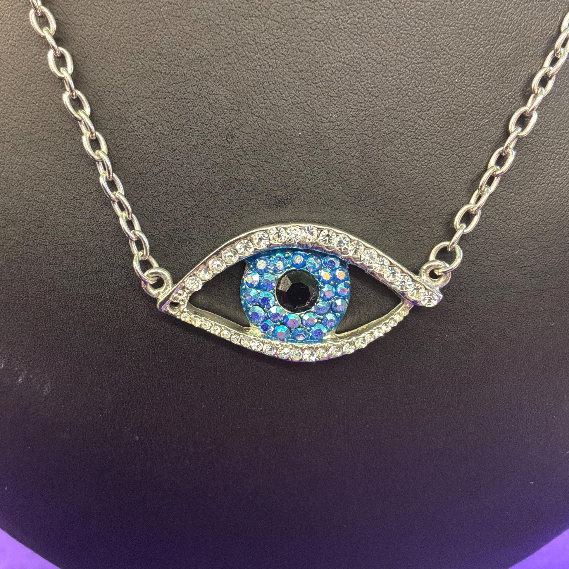 Vintage Butler and Wilson Crystal Eye Pendant, Silver Tone with Silver, Blue, and Black Crystals