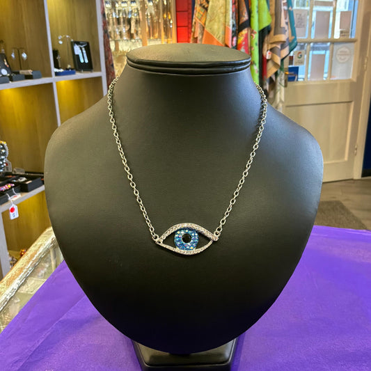 Vintage Butler and Wilson Crystal Eye Pendant, Silver Tone with Silver, Blue, and Black Crystals
