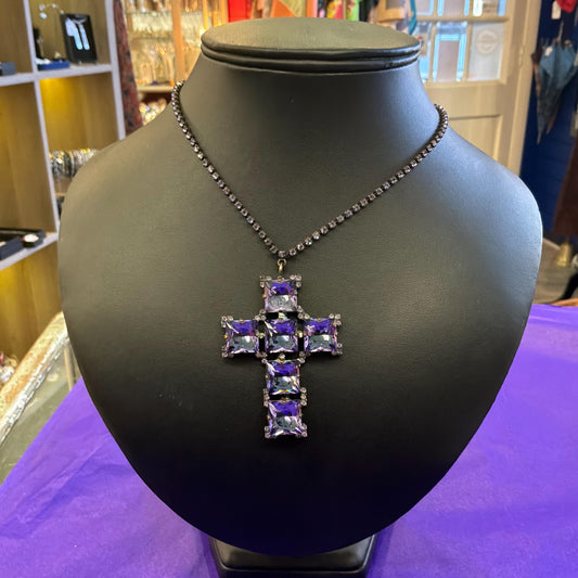 Vintage Butler and Wilson Purple Crystal Cross Pendant Necklace, Old Gold Tone, Signed in Original Box